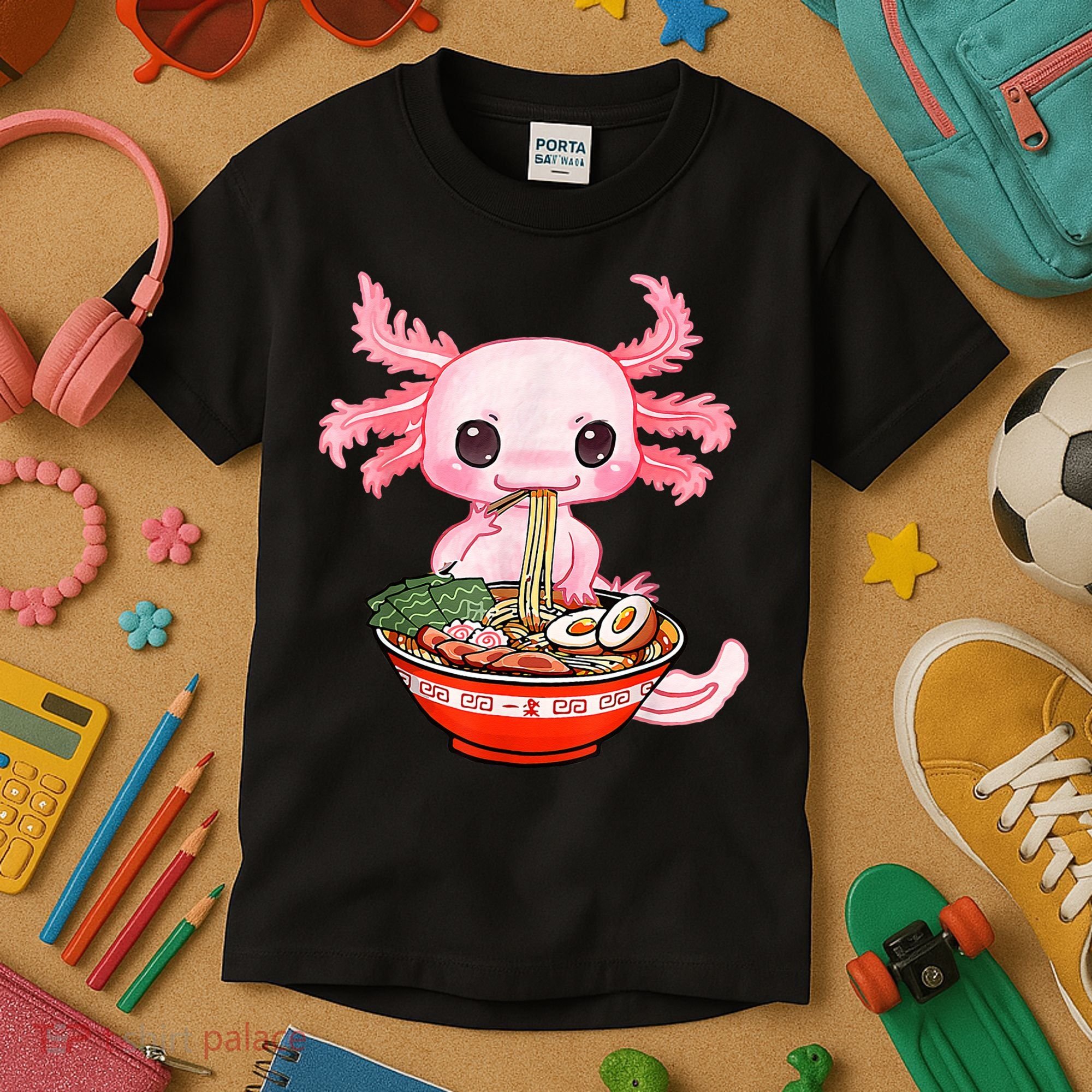 Kawaii Axolotl Eating Ramen Noodles Anime Gift Teens Kids T-Shirt