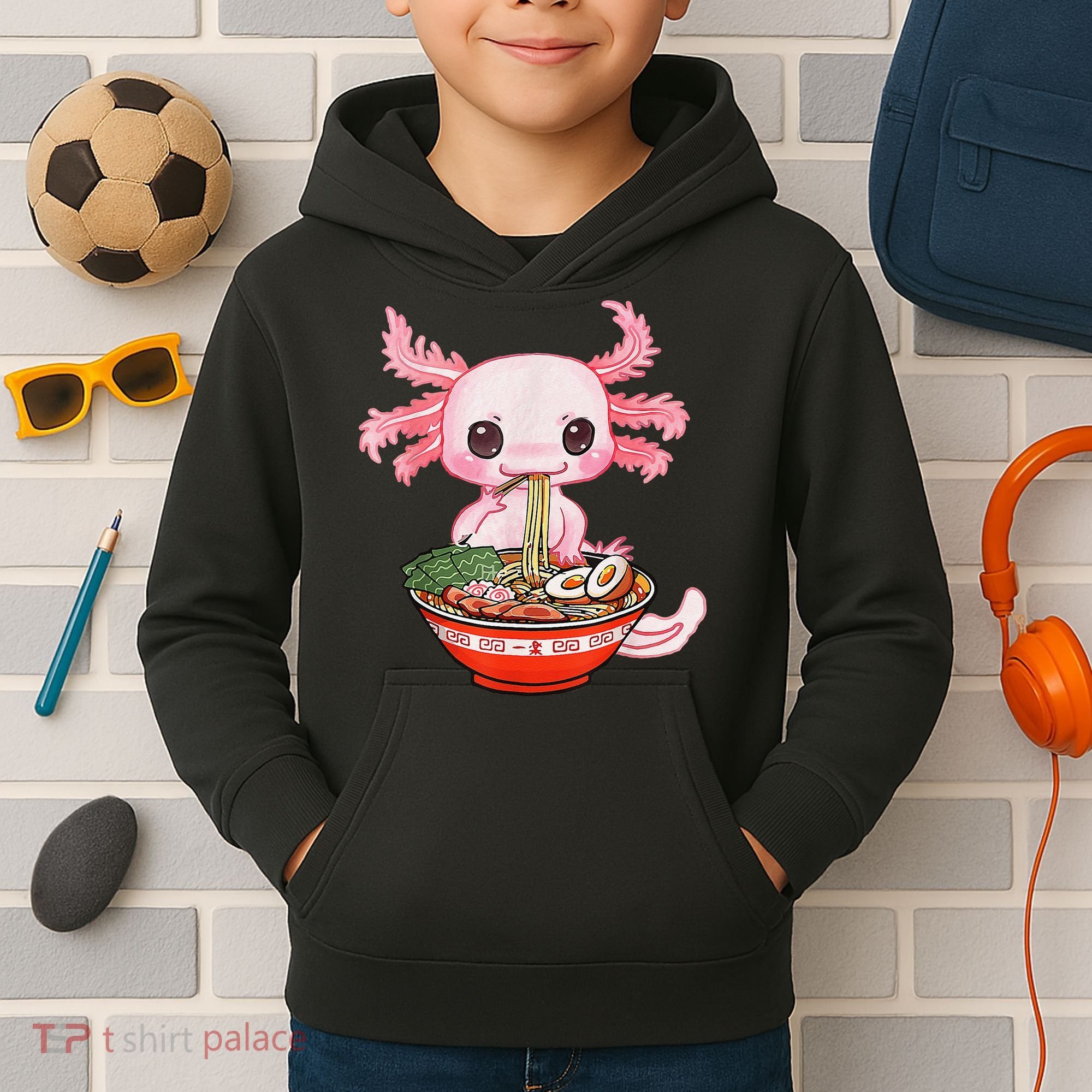 Kawaii Axolotl Eating Ra Noodles Anime Gift Kids Hoodie