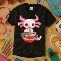 Kawaii Axolotl Eating Ra Noodles Anime Gift Kids T-Shirt thumb 3