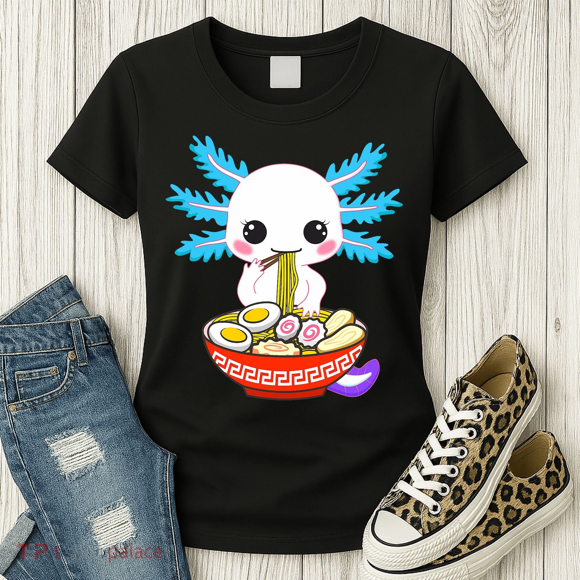 Kawaii Axolotl Eating Ramen Noodles Teens Women's T-Shirt