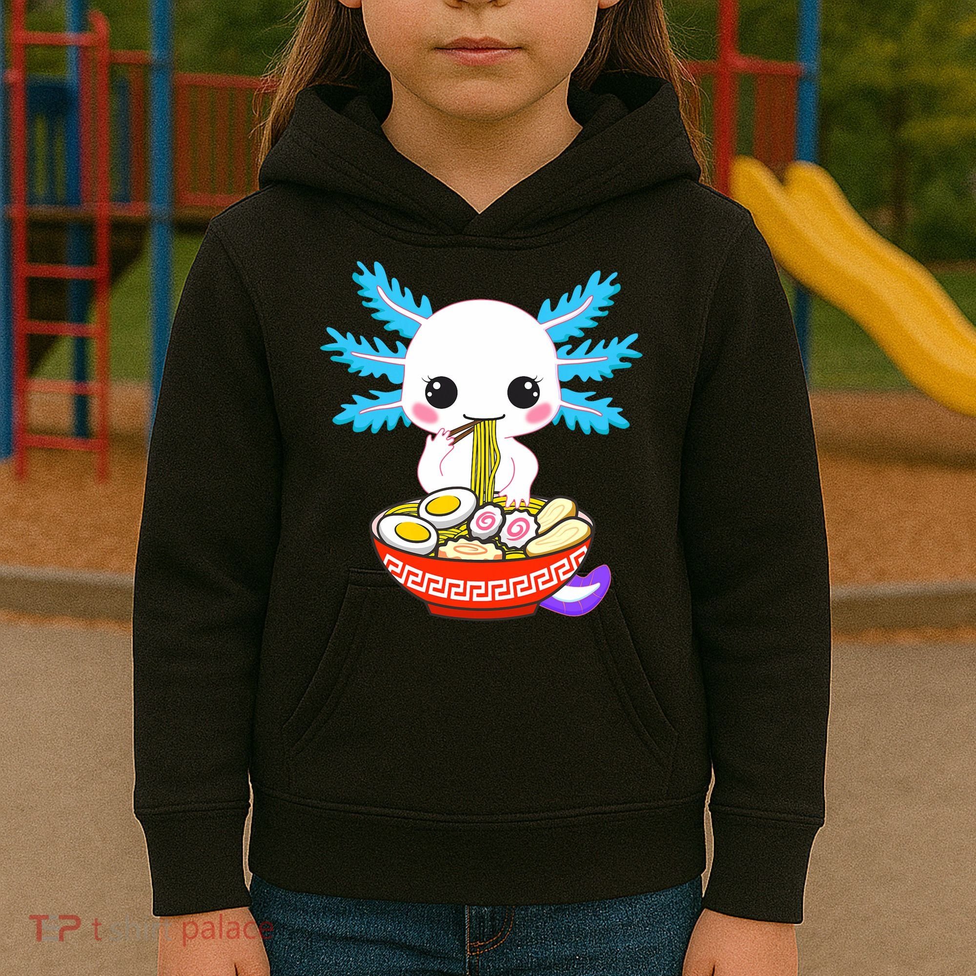 Kawaii Axolotl Eating Ramen Noodles Teens Kids Hoodie