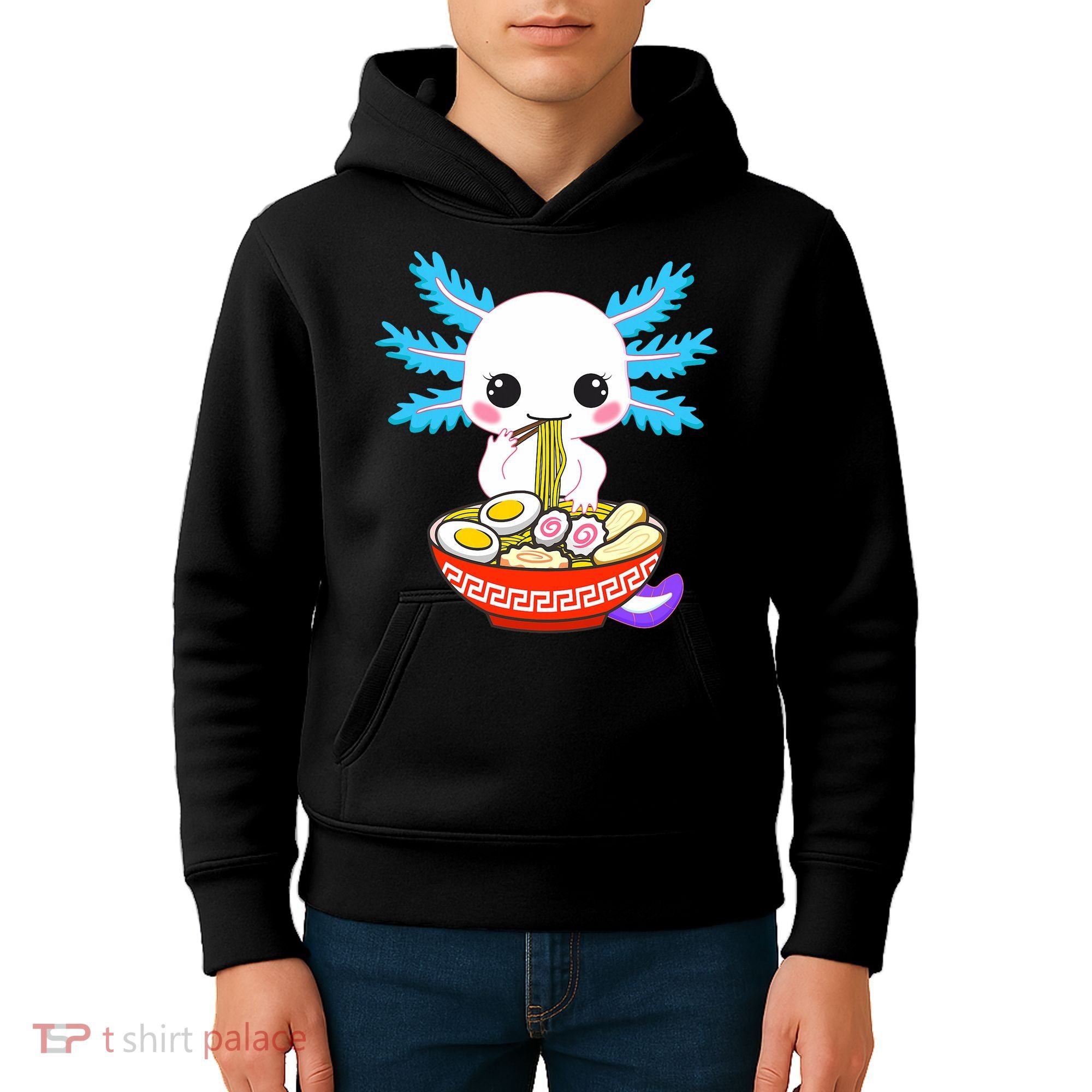 Kawaii Axolotl Eating Ramen Noodles Teens Kids Hoodie