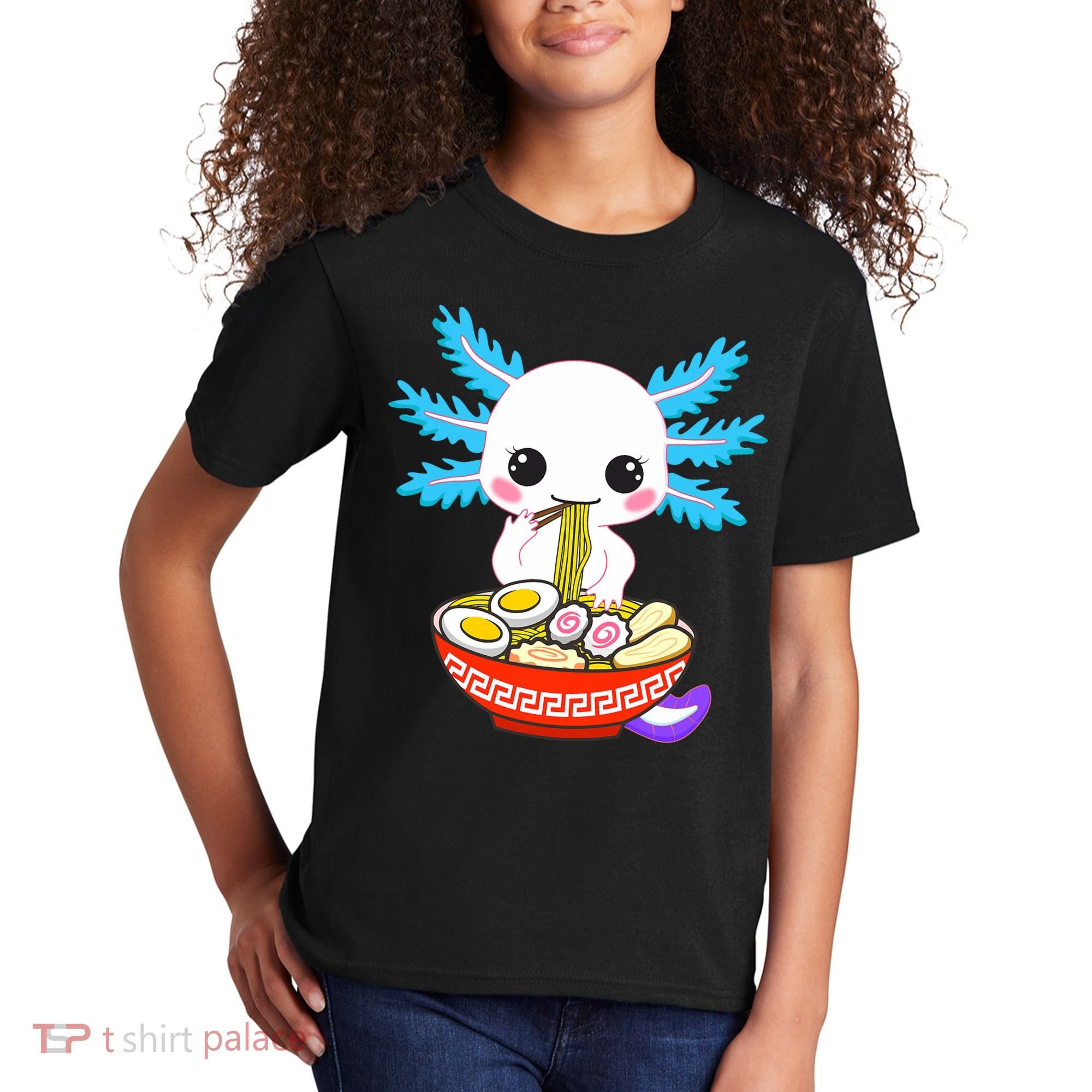 Kawaii Axolotl Eating Ramen Noodles Teens Kids T-Shirt