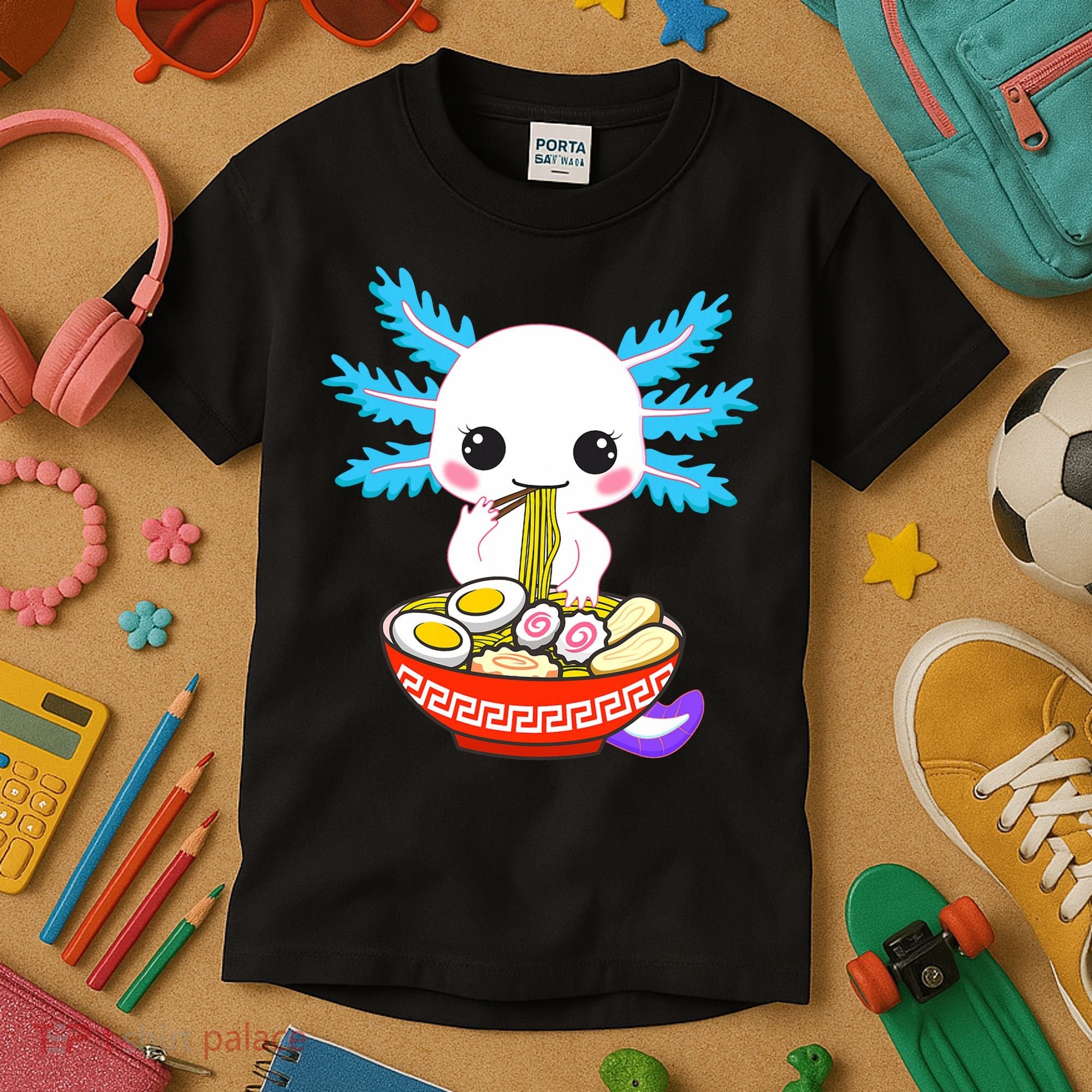 Kawaii Axolotl Eating Ramen Noodles Teens Kids T-Shirt