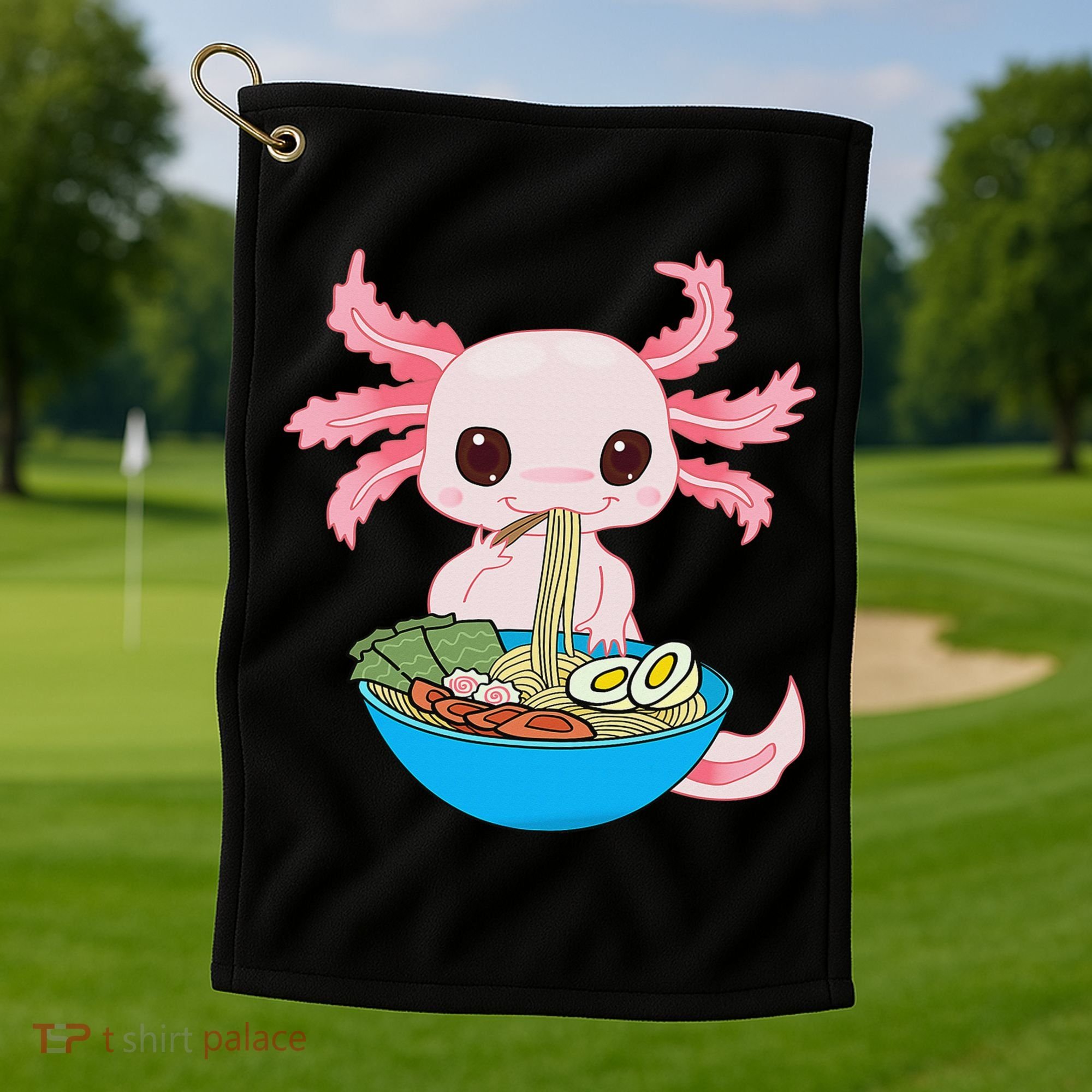 Kawaii Axolotl Eating Ra Noodles Anime  Golf Towel