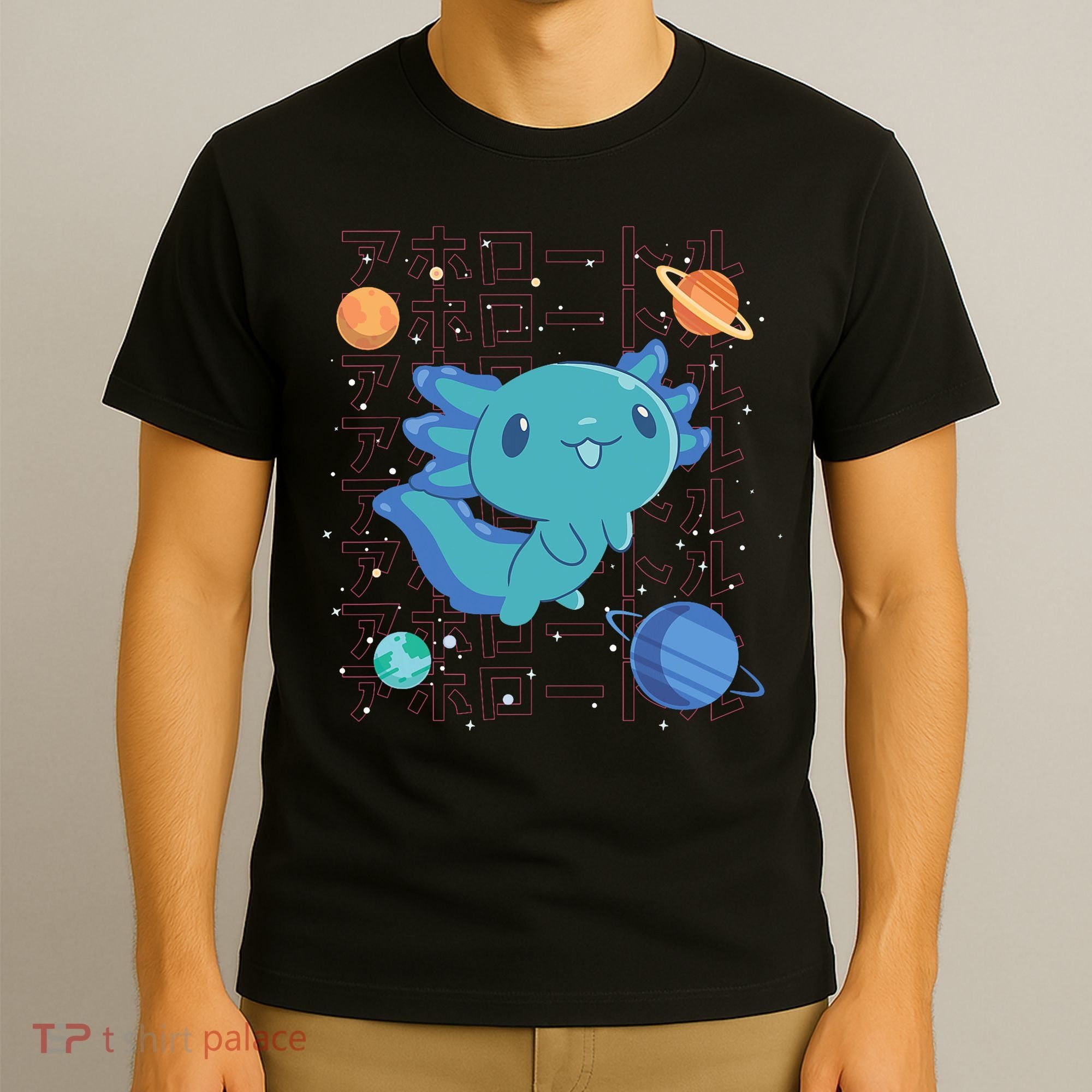 Kawaii Axolotl In Space With Planets Cute Japanese Science T-Shirt