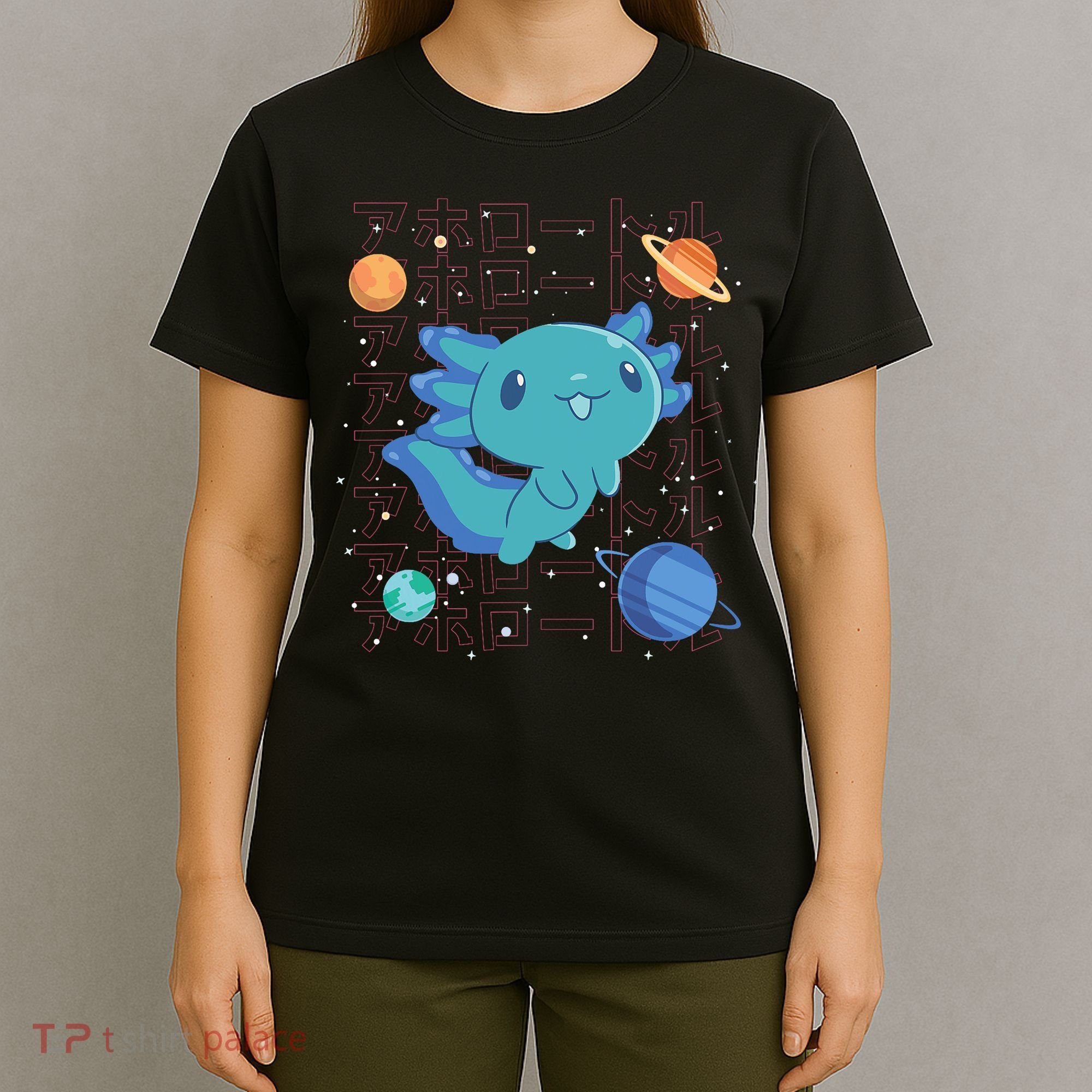 Kawaii Axolotl In Space With Planets Cute Japanese Science T-Shirt