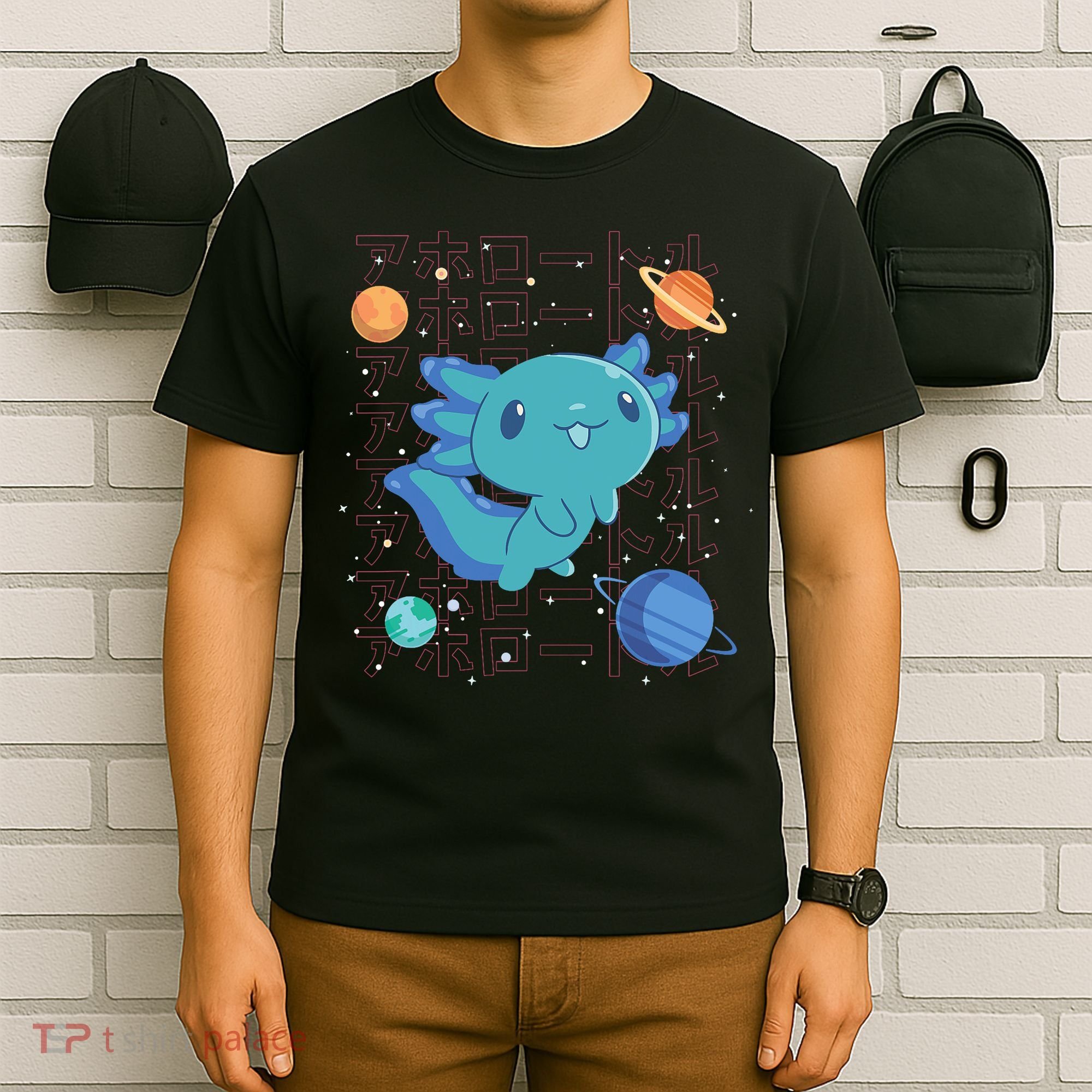 Kawaii Axolotl In Space With Planets Cute Japanese Science T-Shirt
