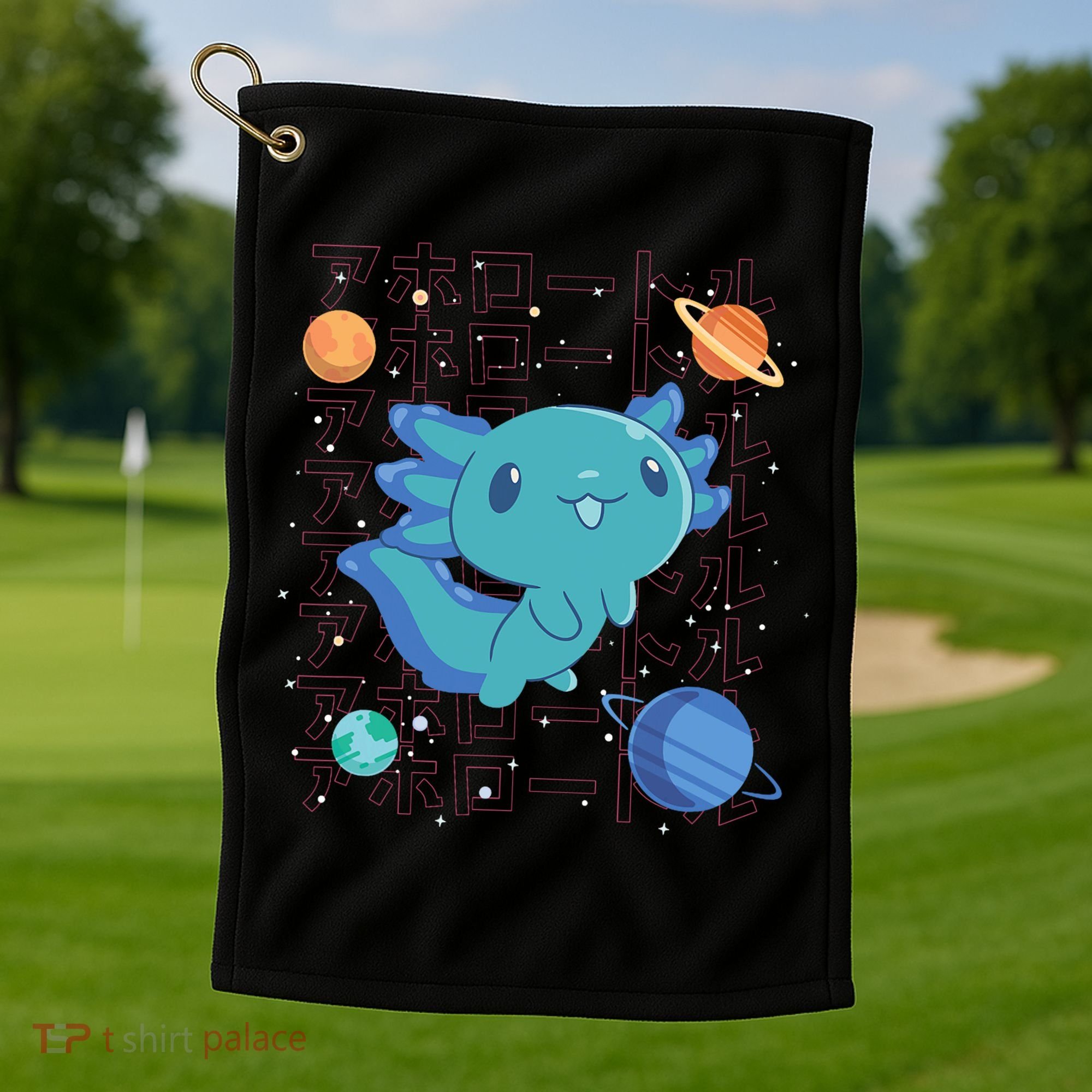 Kawaii Axolotl In Space With Planets Cute Japanese Science Golf Towel