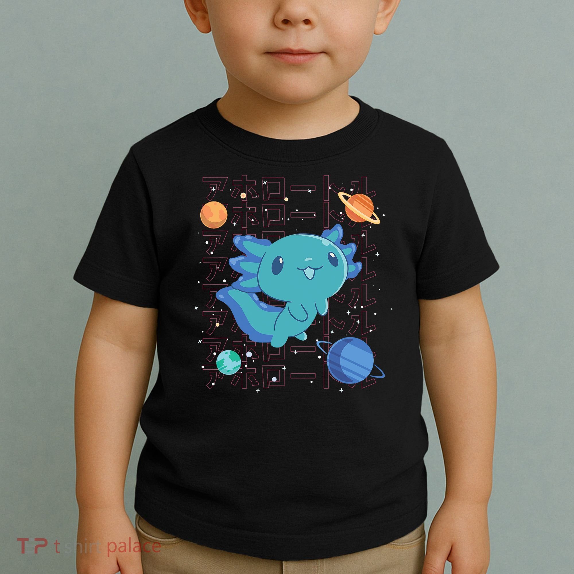 Kawaii Axolotl In Space With Planets Cute Japanese Science Toddler T-Shirt