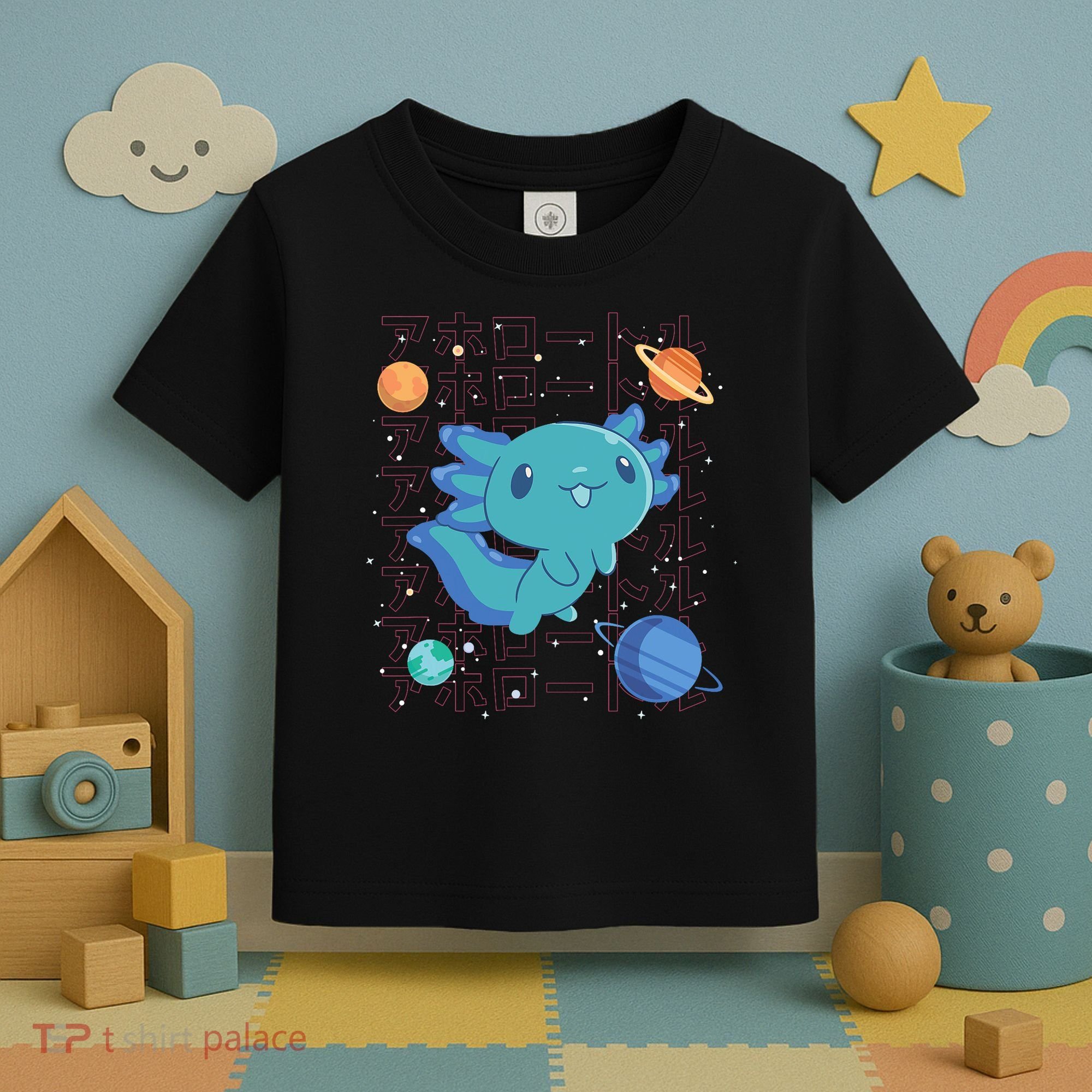 Kawaii Axolotl In Space With Planets Cute Japanese Science Toddler T-Shirt