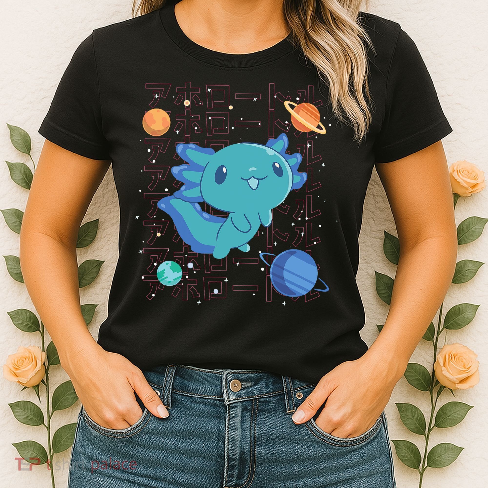 Kawaii Axolotl In Space With Planets Cute Japanese Science Women's T-Shirt