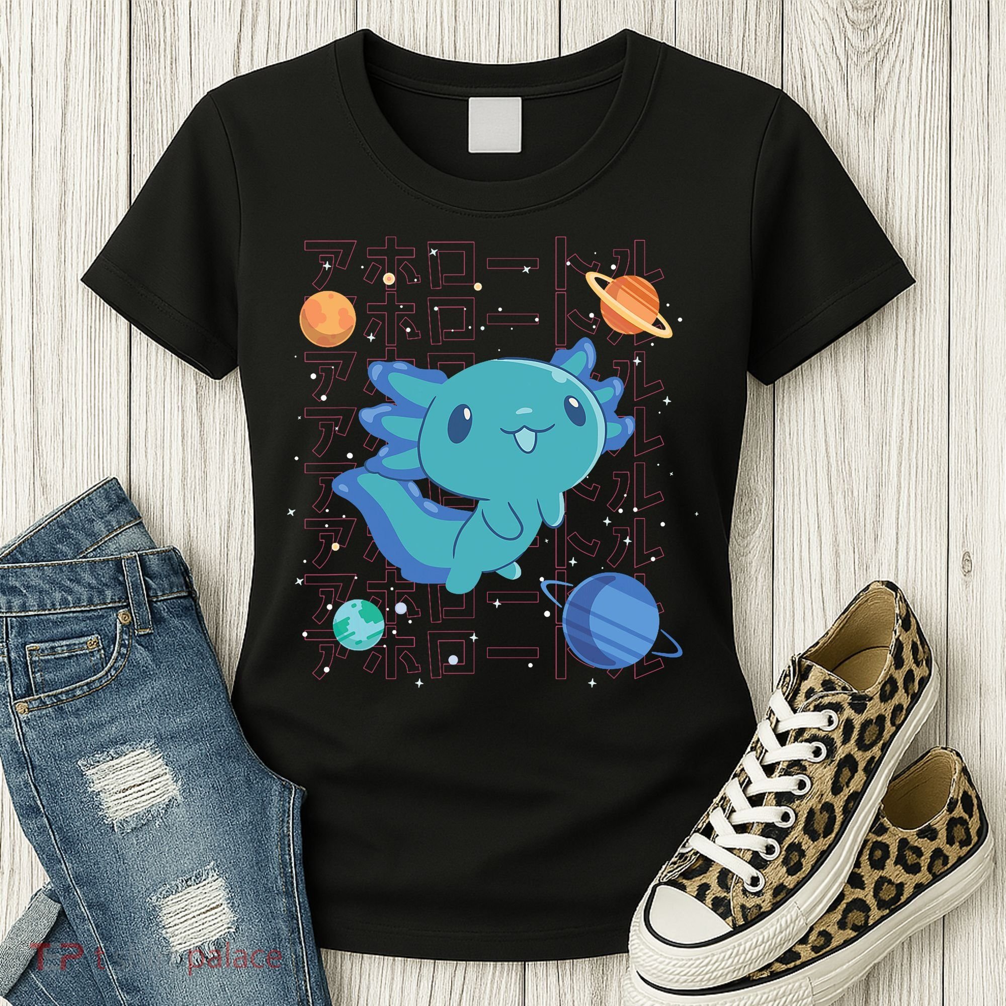 Kawaii Axolotl In Space With Planets Cute Japanese Science Women's T-Shirt