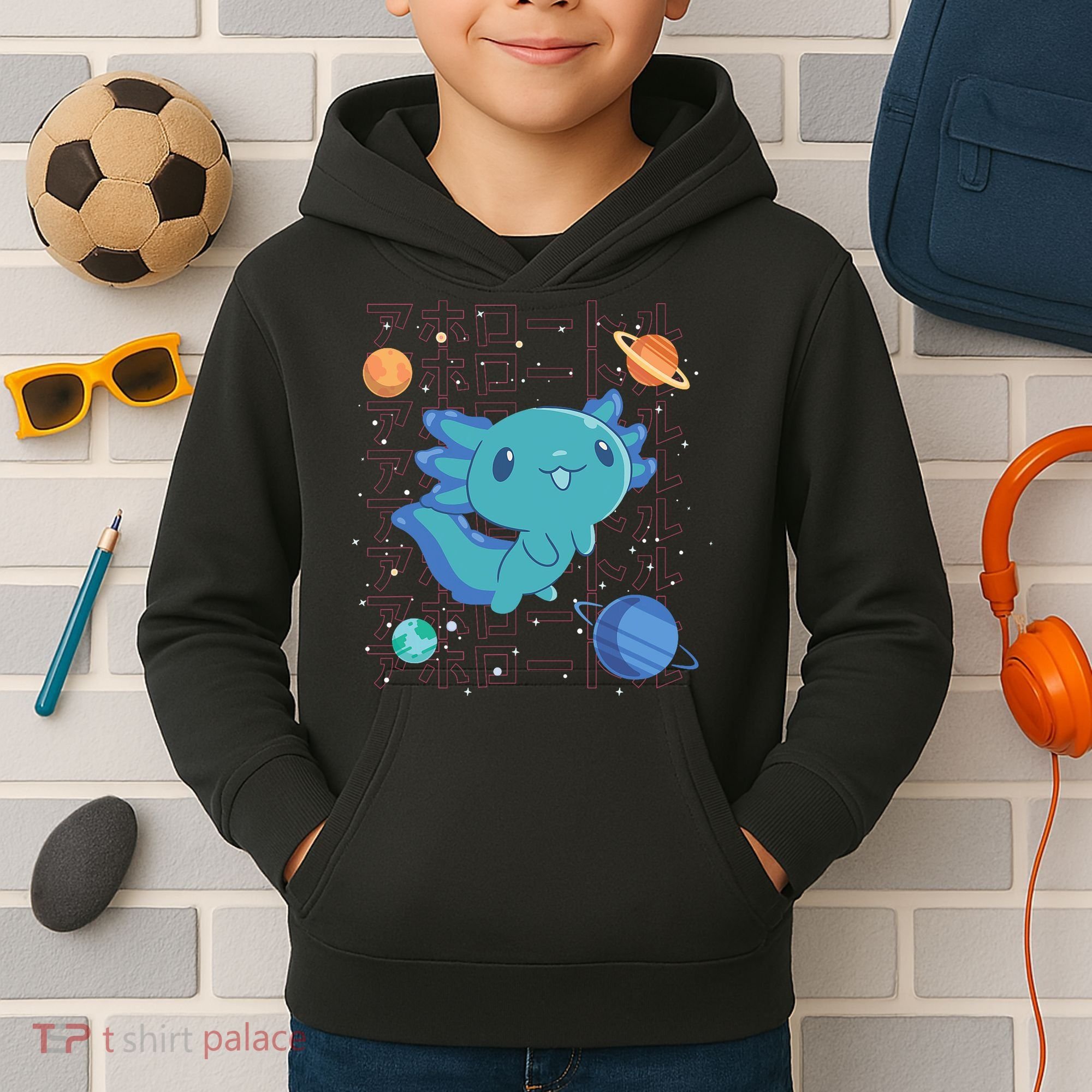 Kawaii Axolotl In Space With Planets Cute Japanese Science Kids Hoodie