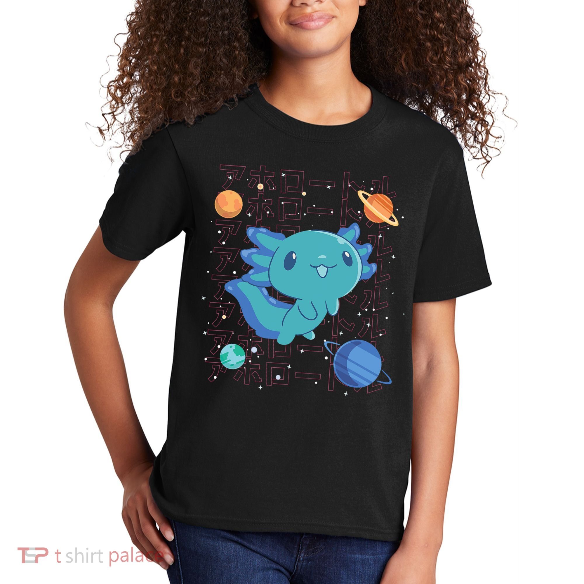 Kawaii Axolotl In Space With Planets Cute Japanese Science Kids T-Shirt