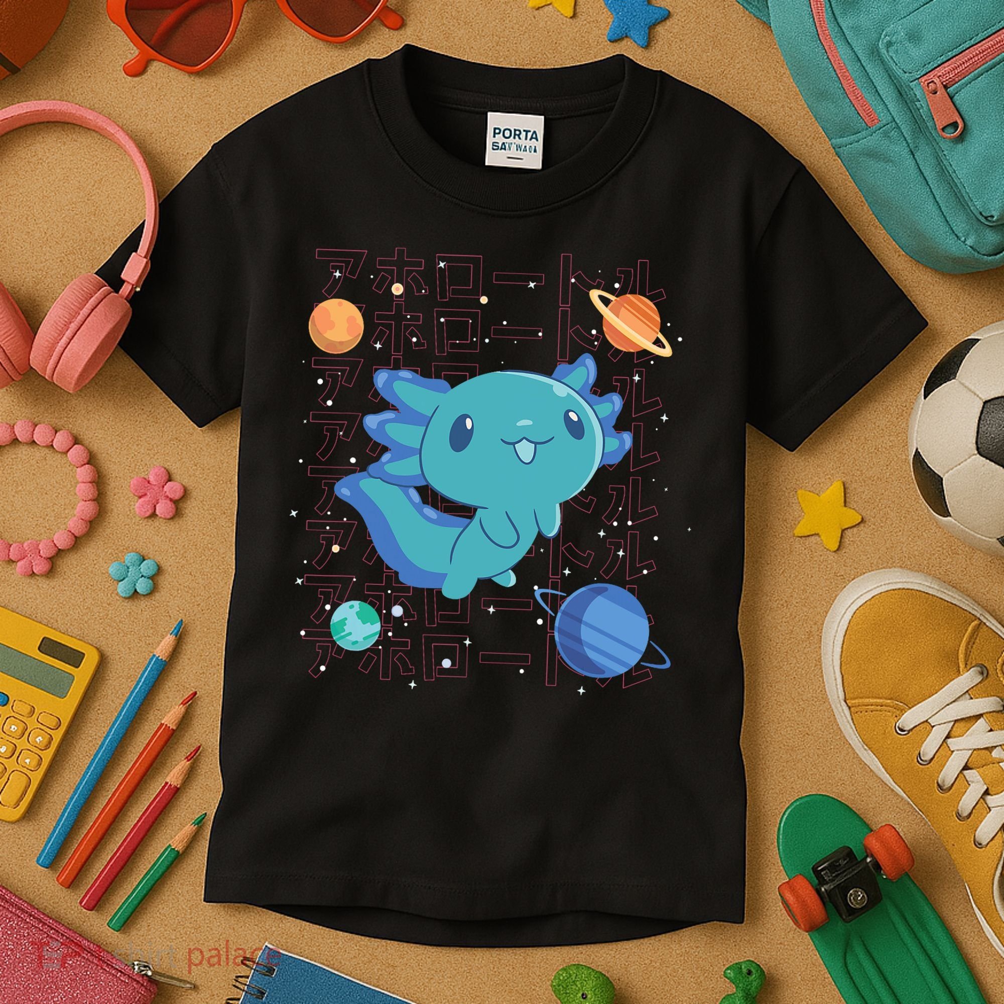 Kawaii Axolotl In Space With Planets Cute Japanese Science Kids T-Shirt