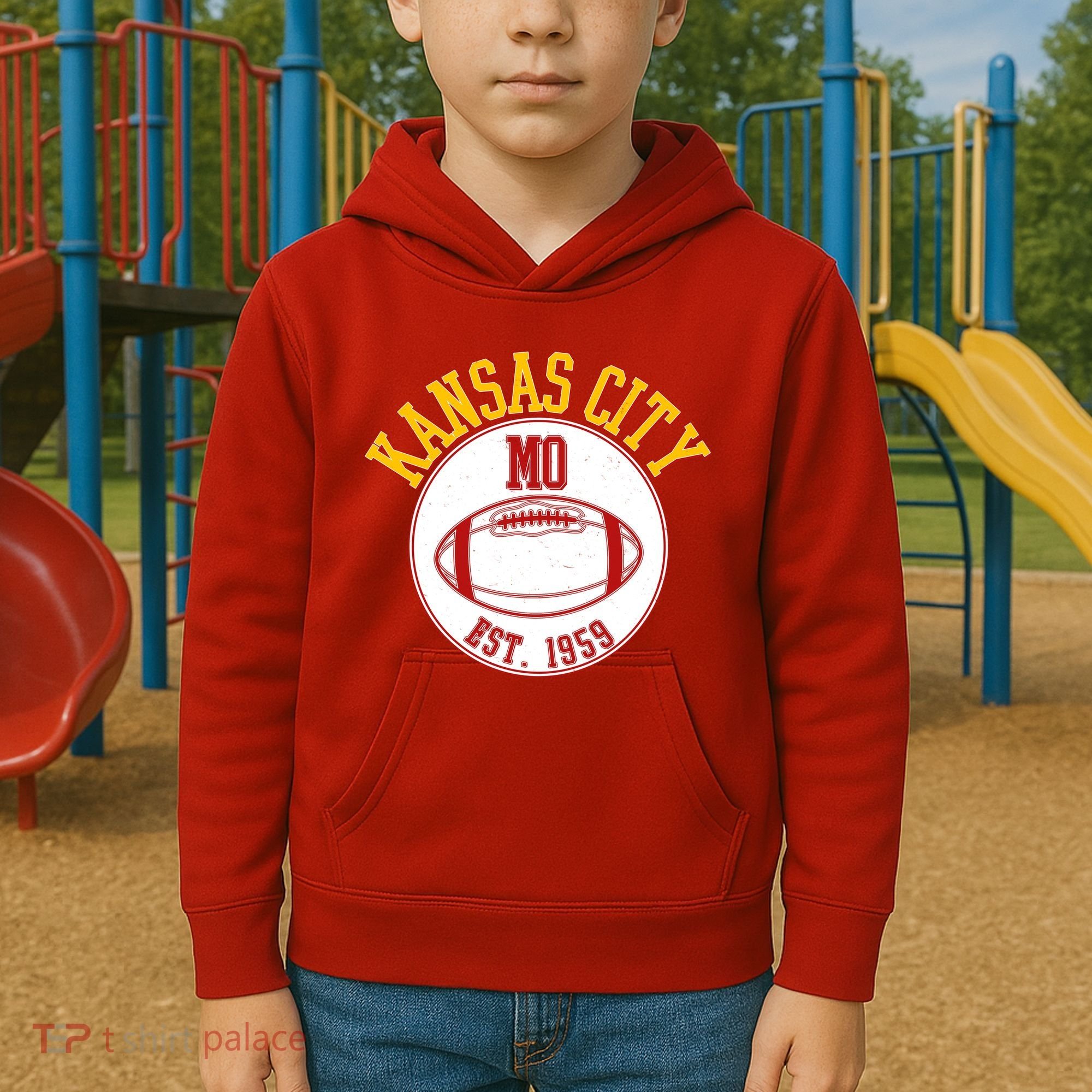 Kansas City MO KC Football EST 1959 Emblem Kids Hoodie