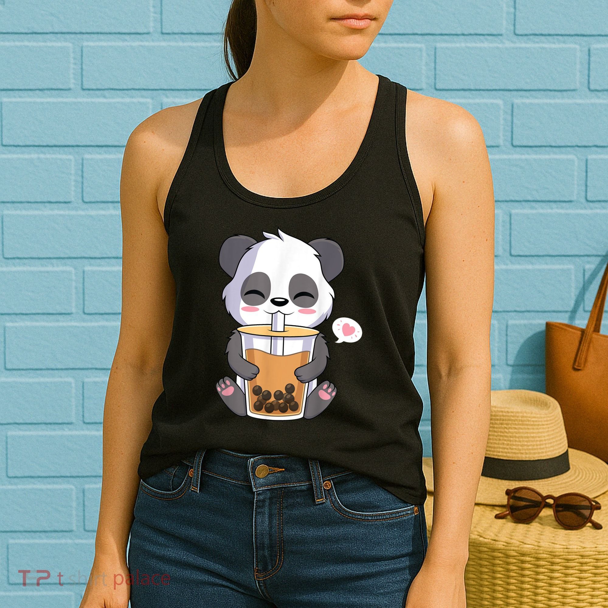 Kawaii Anime Panda Drinking Boba Bubble Tea Women's Tank Top