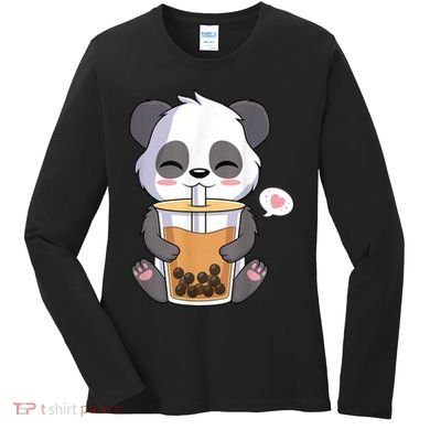 Kawaii Anime Panda Drinking Boba Bubble Tea Women's Long Sleeve Shirt