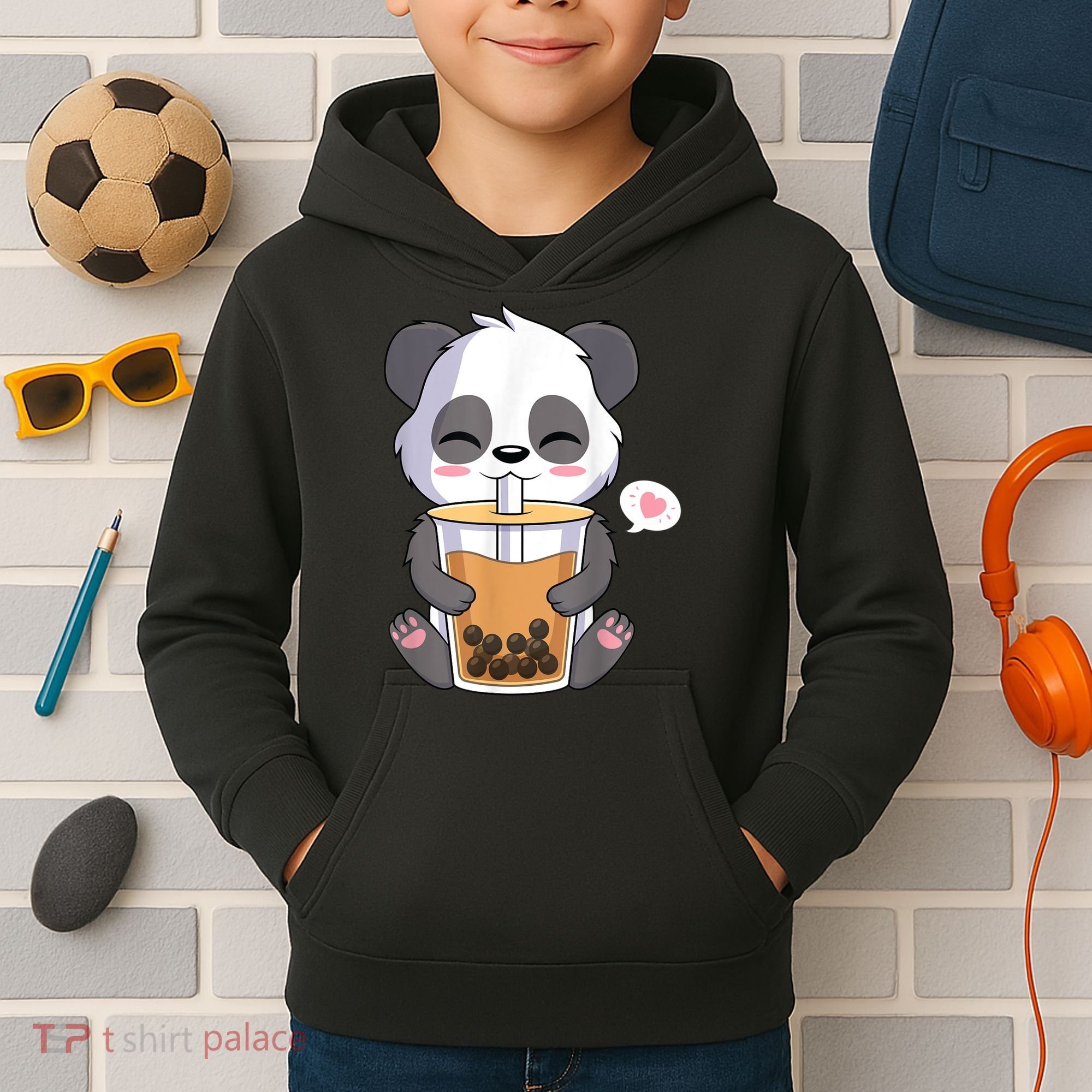 Kawaii Anime Panda Drinking Boba Bubble Tea Kids Hoodie