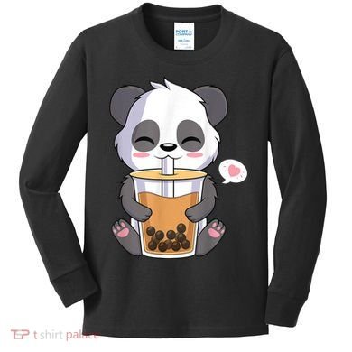 Kawaii Anime Panda Drinking Boba Bubble Tea Kids Long Sleeve Shirt
