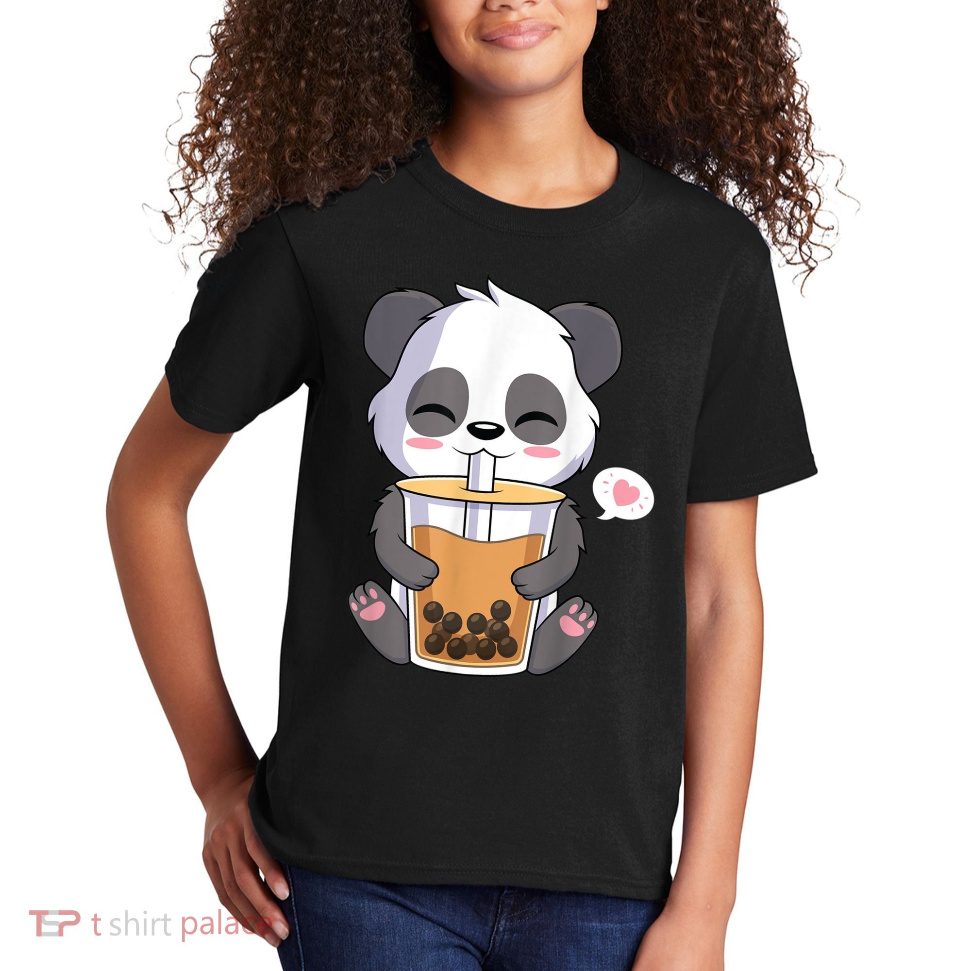 Kawaii Anime Panda Drinking Boba Bubble Tea Kids T-Shirt