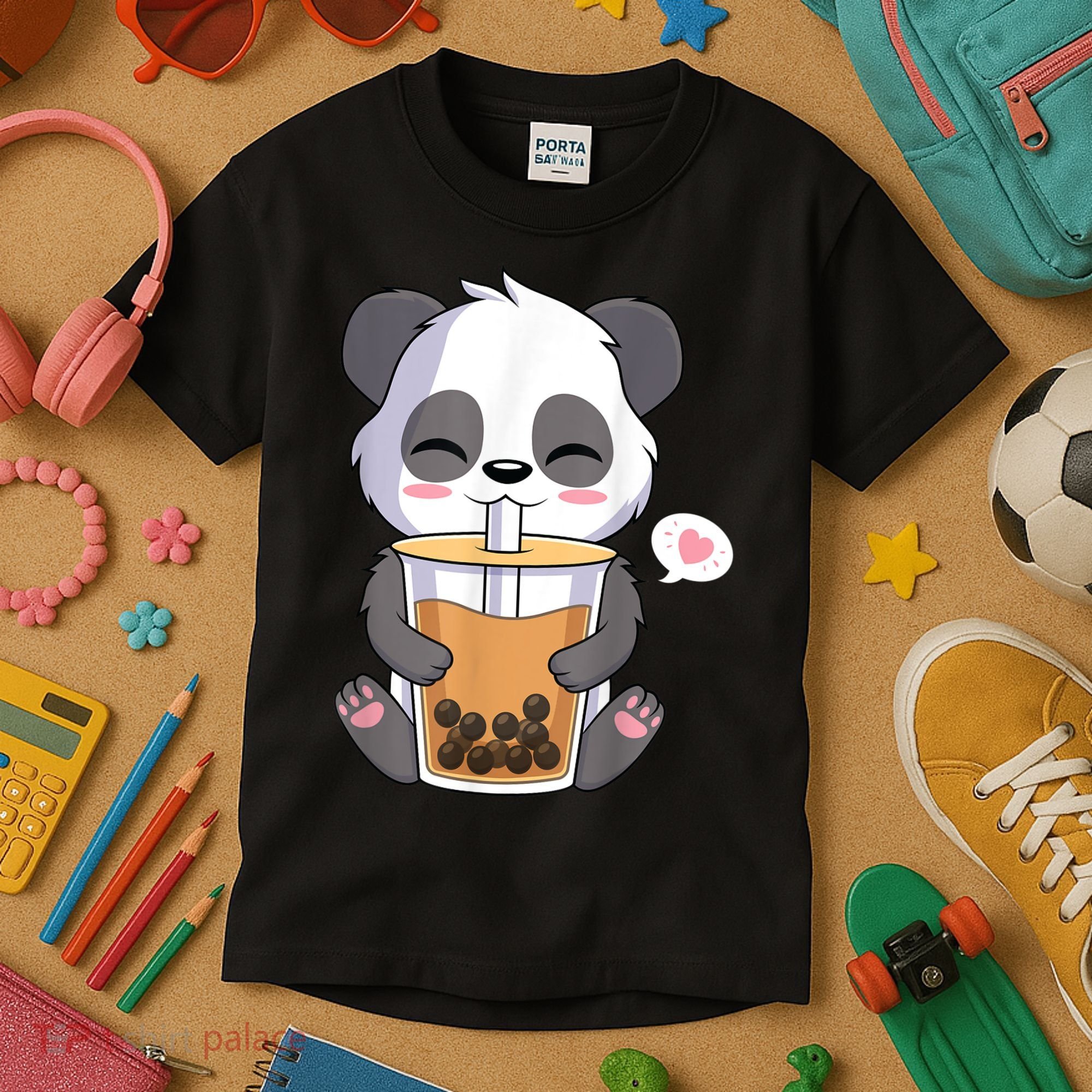 Kawaii Anime Panda Drinking Boba Bubble Tea Kids T-Shirt