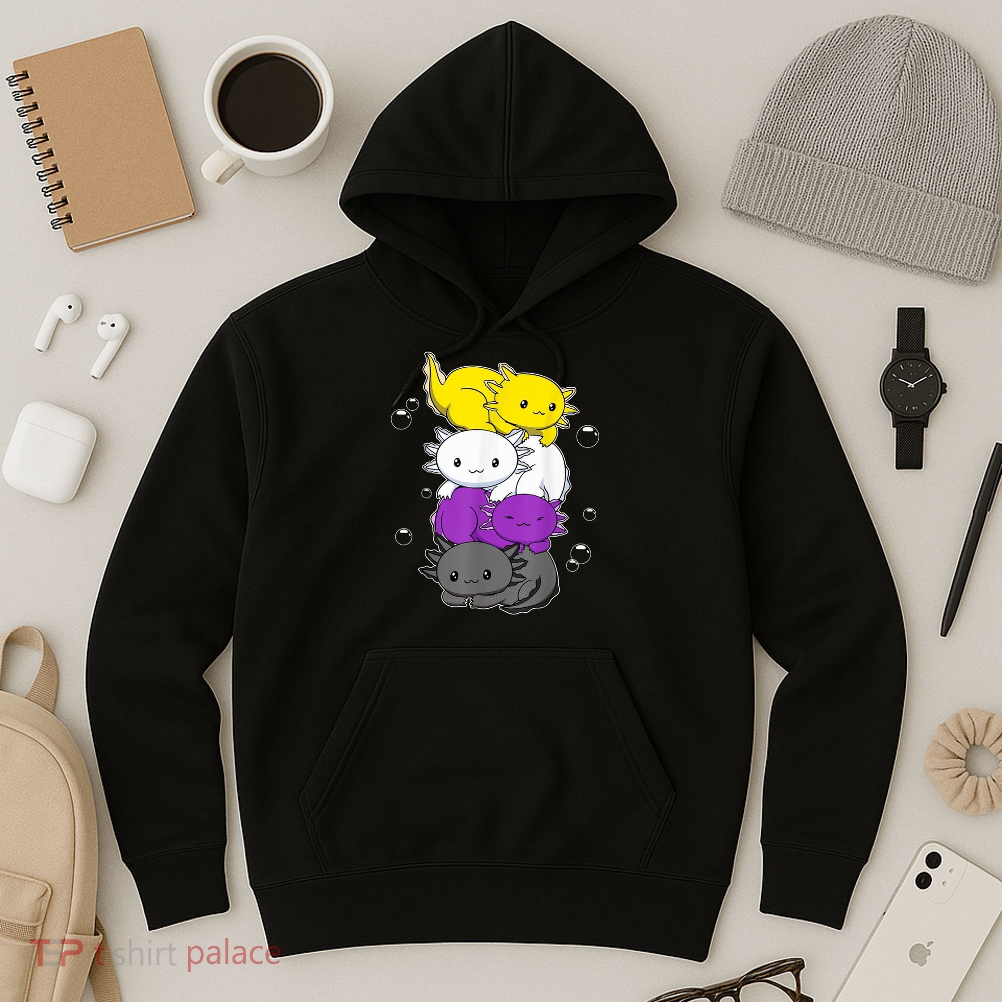 Kawaii Axolotl Pile Nonbinary Flag LGBTQ Hoodie