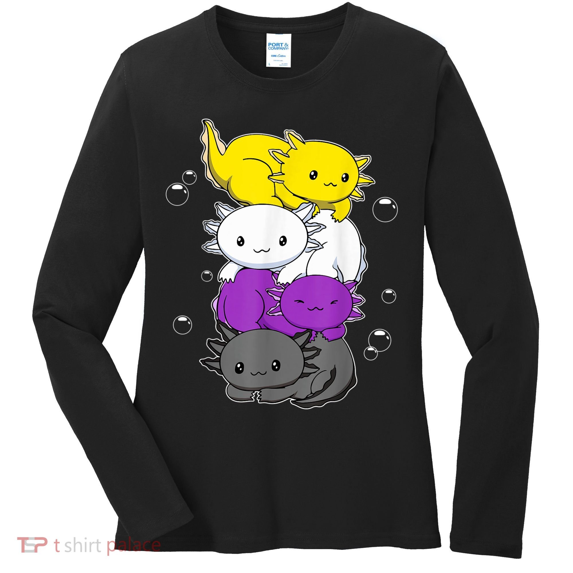 Kawaii Axolotl Pile Nonbinary Flag LGBTQ Women's Long Sleeve Shirt
