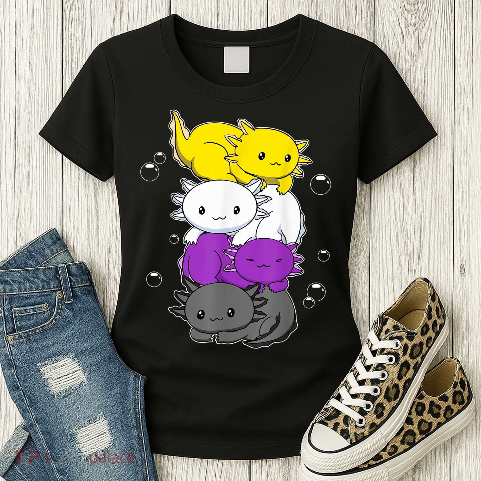 Kawaii Axolotl Pile Nonbinary Flag LGBTQ Women's T-Shirt