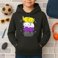 Kawaii Axolotl Pile Nonbinary Flag LGBTQ Kids Hoodie thumb 2