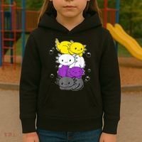 Kawaii Axolotl Pile Nonbinary Flag LGBTQ Kids Hoodie thumb 3