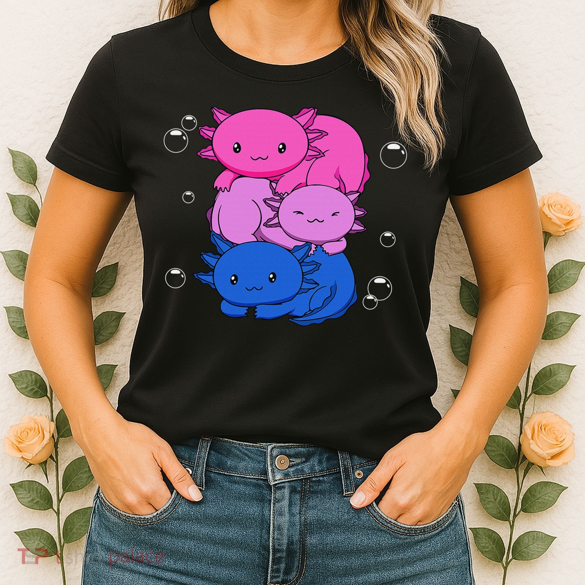 Kawaii Axolotl Pile Bisexual Pride Flag Bi LGBTQ  Women's T-Shirt