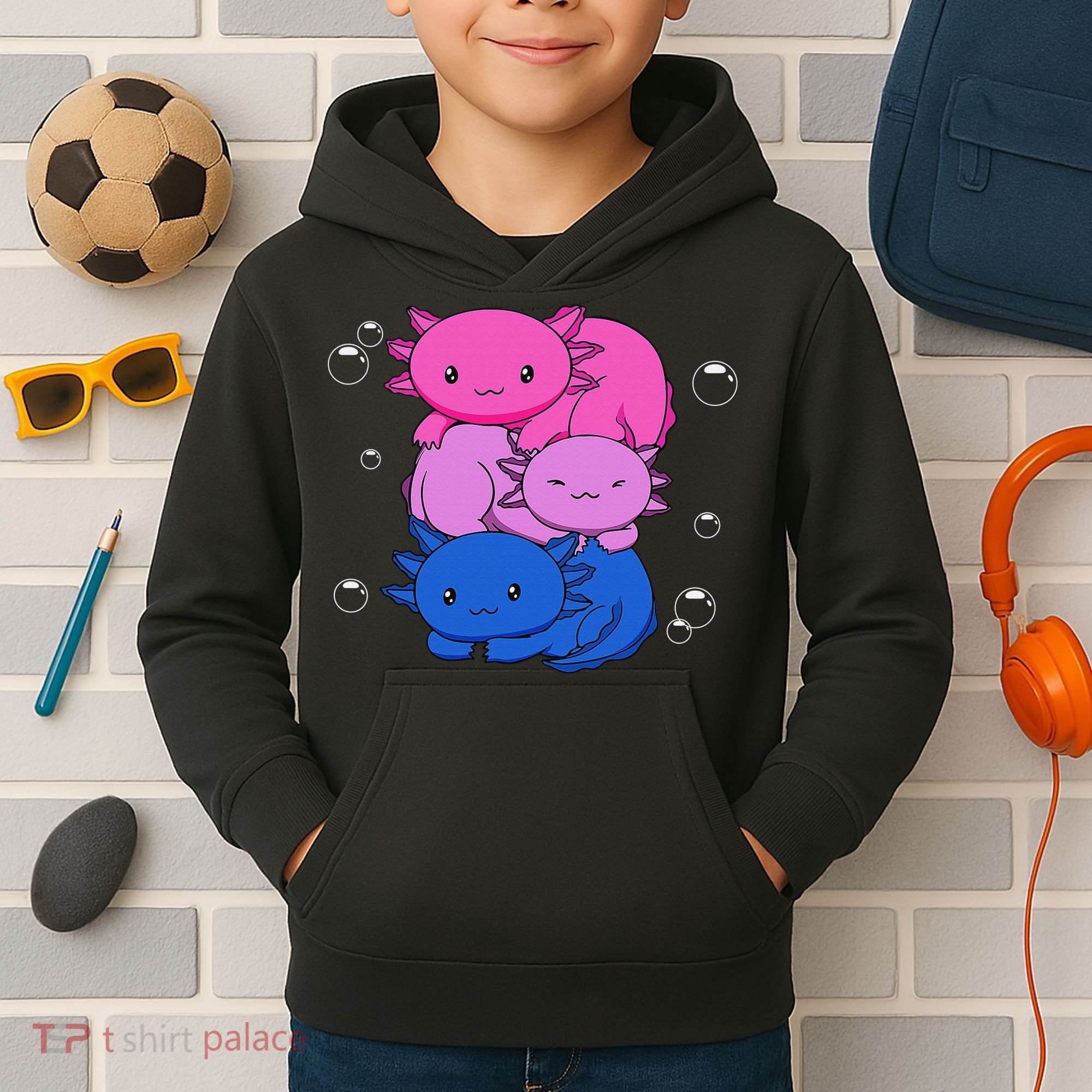 Kawaii Axolotl Pile Bisexual Pride Flag Bi LGBTQ  Kids Hoodie