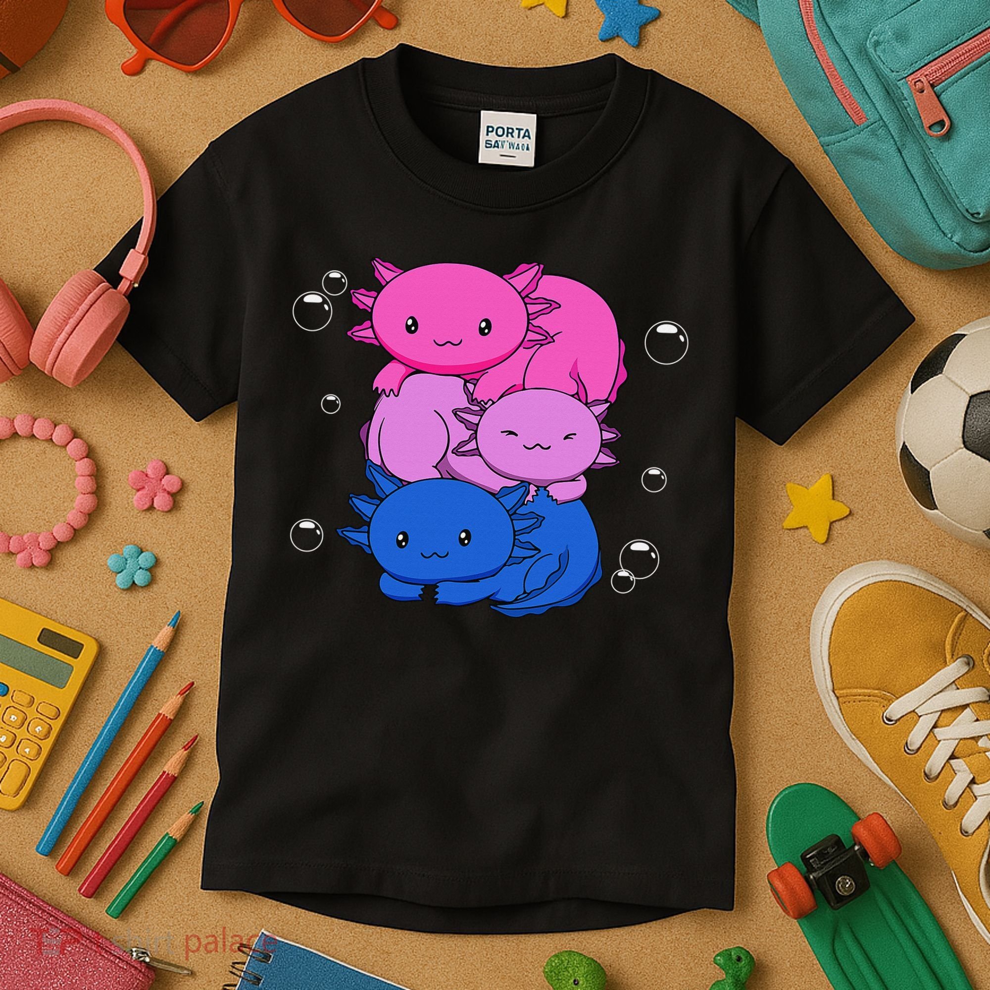 Kawaii Axolotl Pile Bisexual Pride Flag Bi LGBTQ  Kids T-Shirt