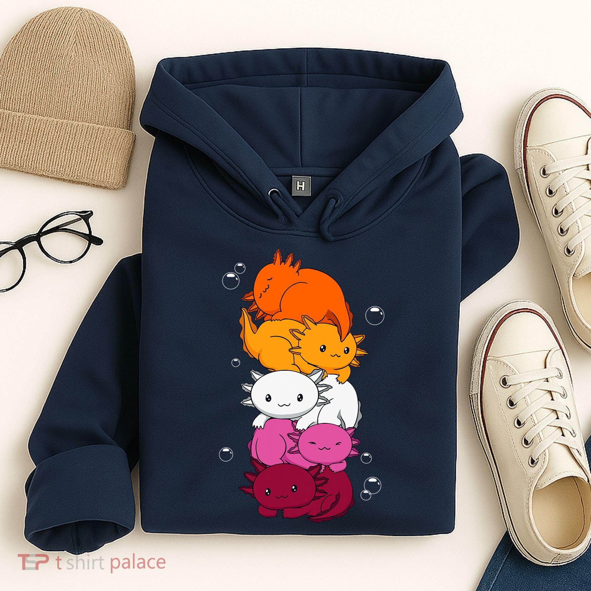Kawaii Axolotl Pile Lesbian Pride Flag LGBTQ Hoodie