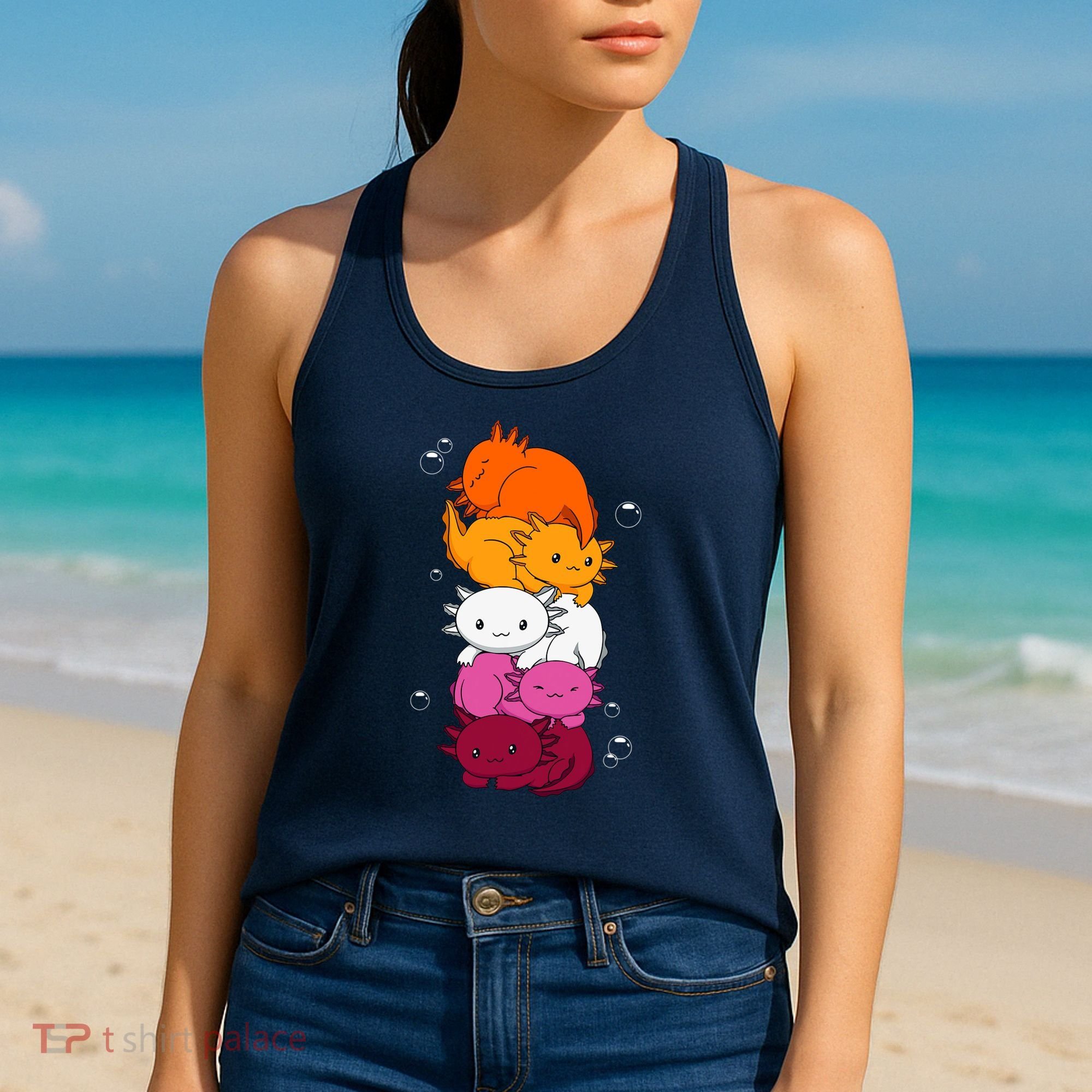 Kawaii Axolotl Pile Lesbian Pride Flag LGBTQ Women's Tank Top