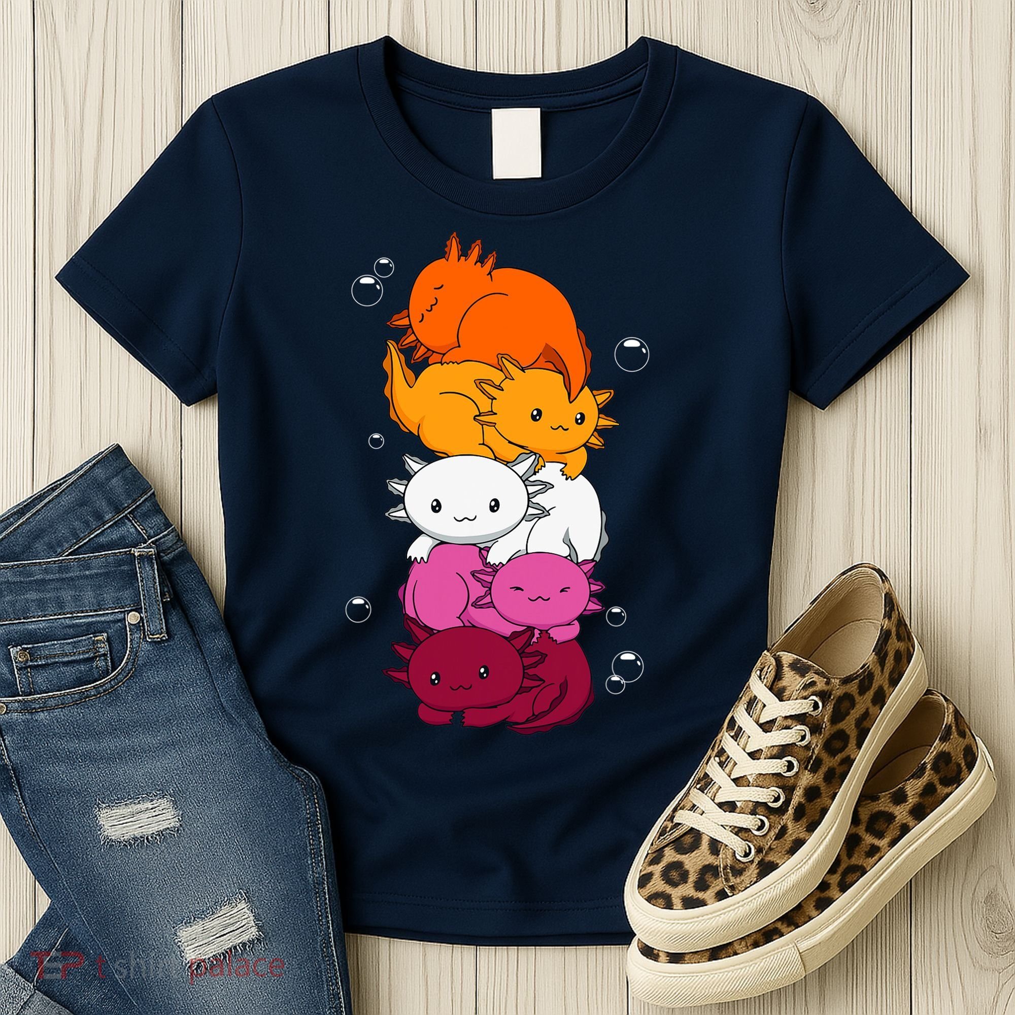 Kawaii Axolotl Pile Lesbian Pride Flag LGBTQ Women's T-Shirt