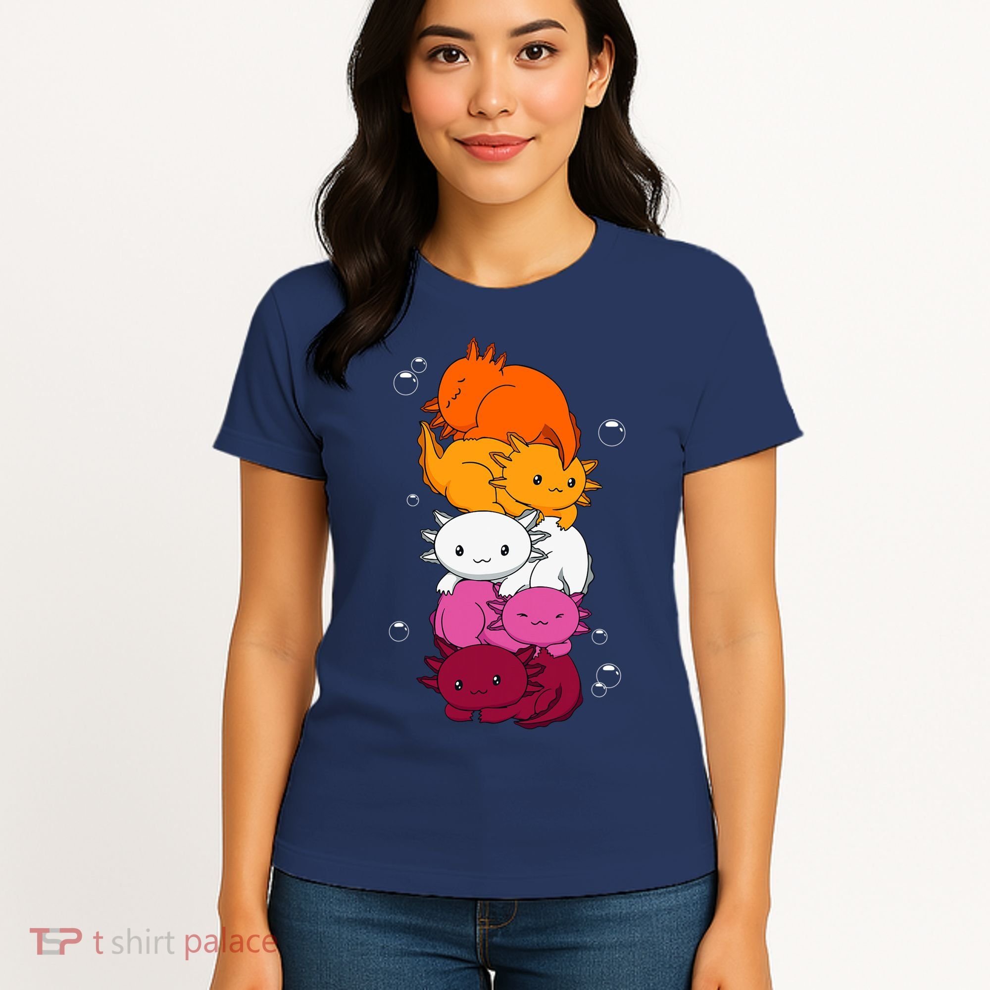 Kawaii Axolotl Pile Lesbian Pride Flag LGBTQ Women's T-Shirt