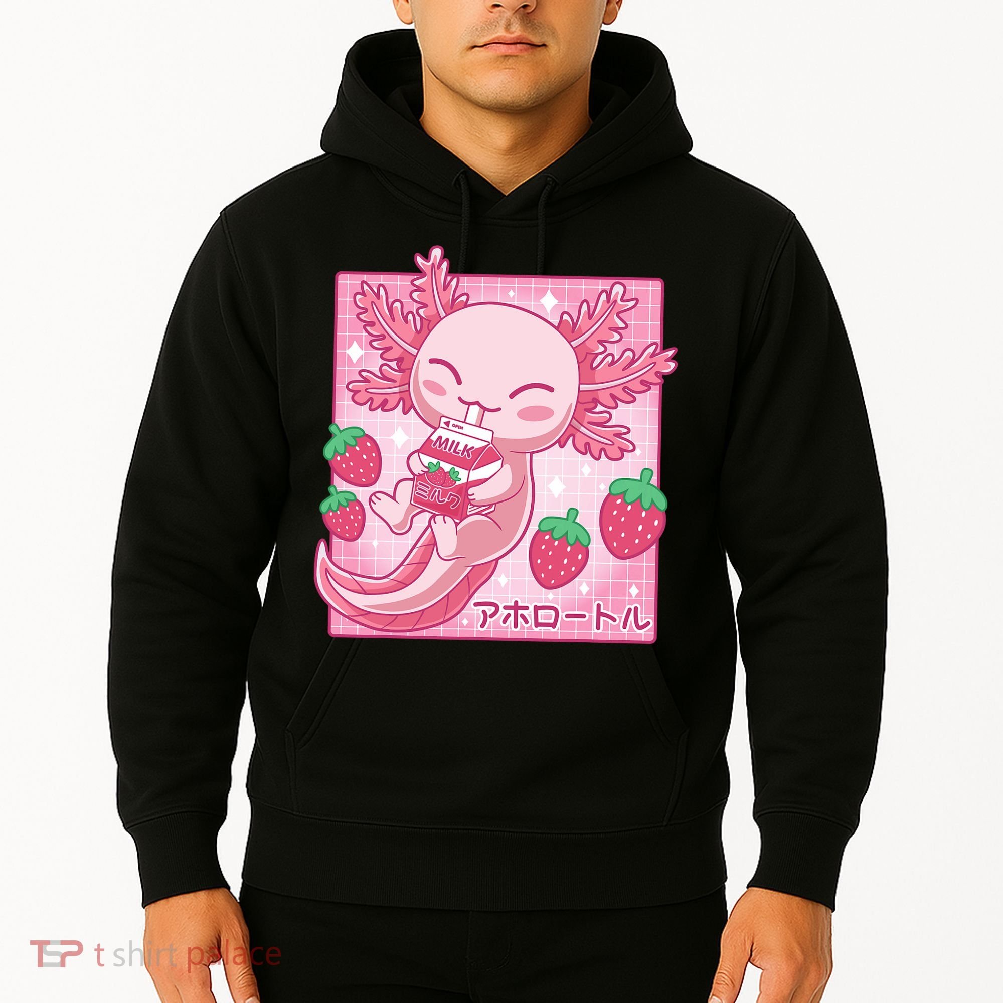 Kawaii Axolotl Strawberry Milk Shake Japanese Anime Hoodie