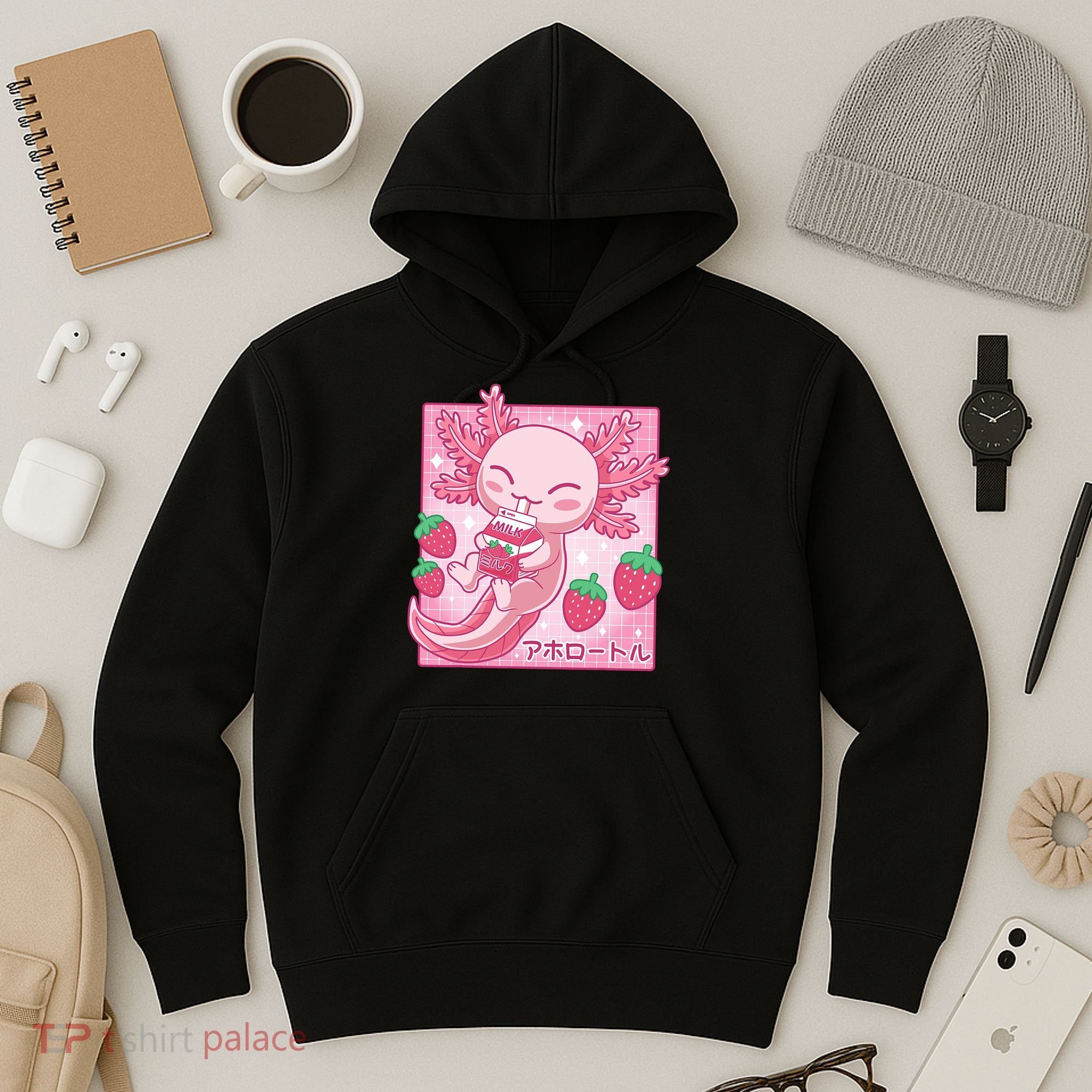 Kawaii Axolotl Strawberry Milk Shake Japanese Anime Hoodie