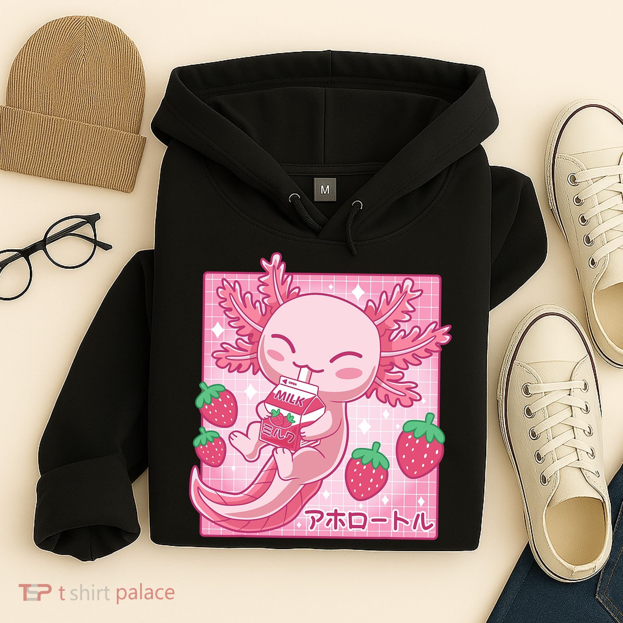 Kawaii Axolotl Strawberry Milk Shake Japanese Anime Hoodie