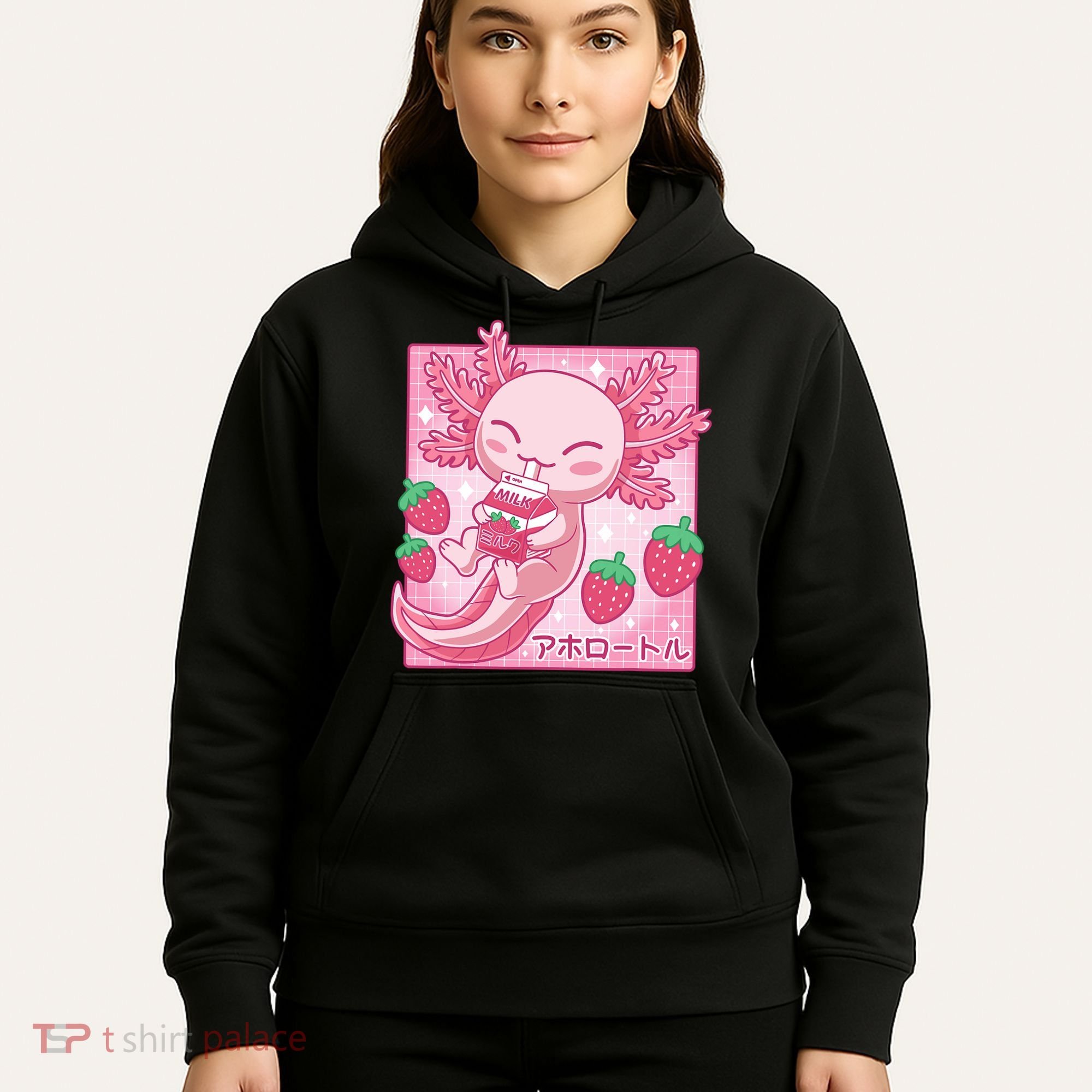 Kawaii Axolotl Strawberry Milk Shake Japanese Anime Hoodie