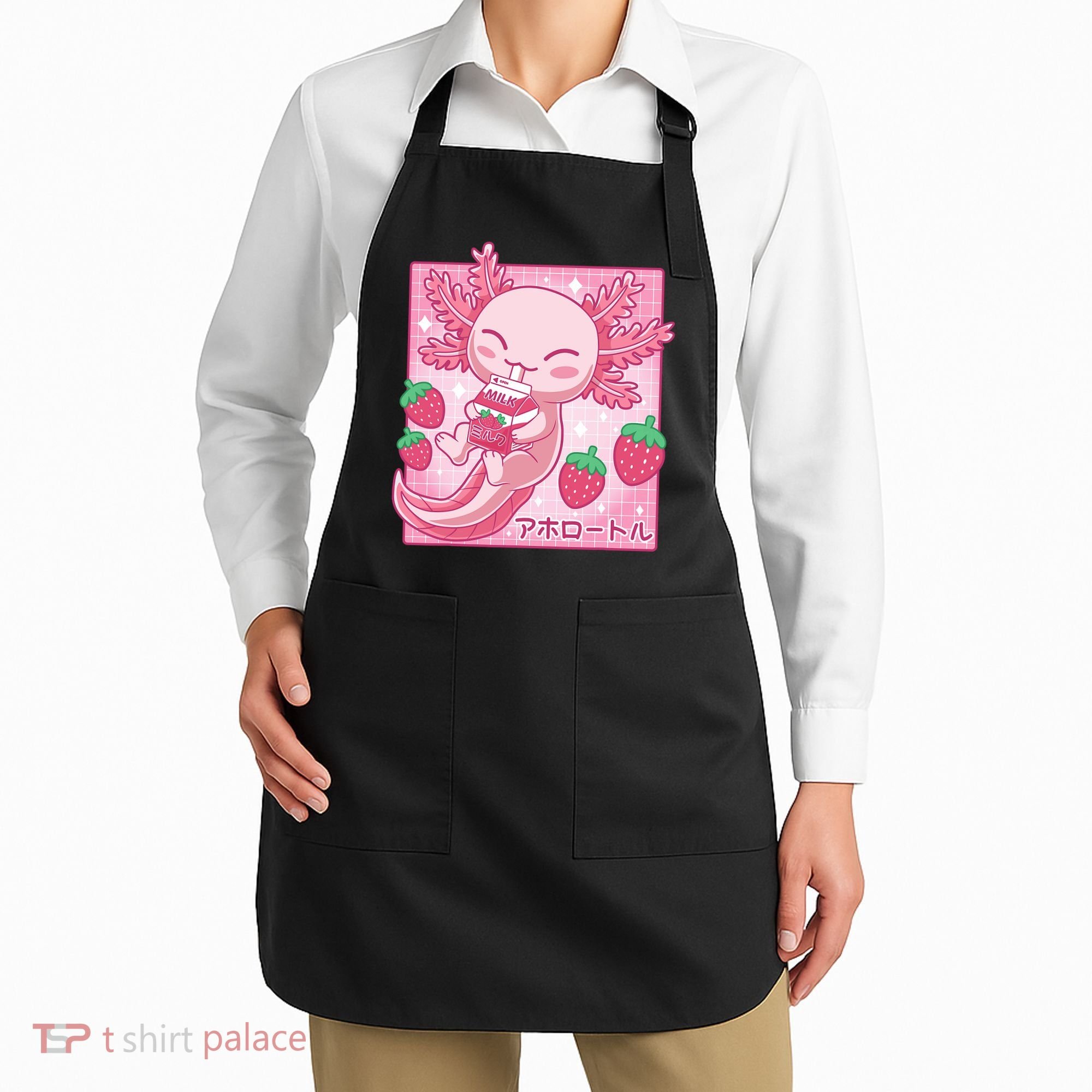 Kawaii Axolotl Strawberry Milk Shake Japanese Anime Apron