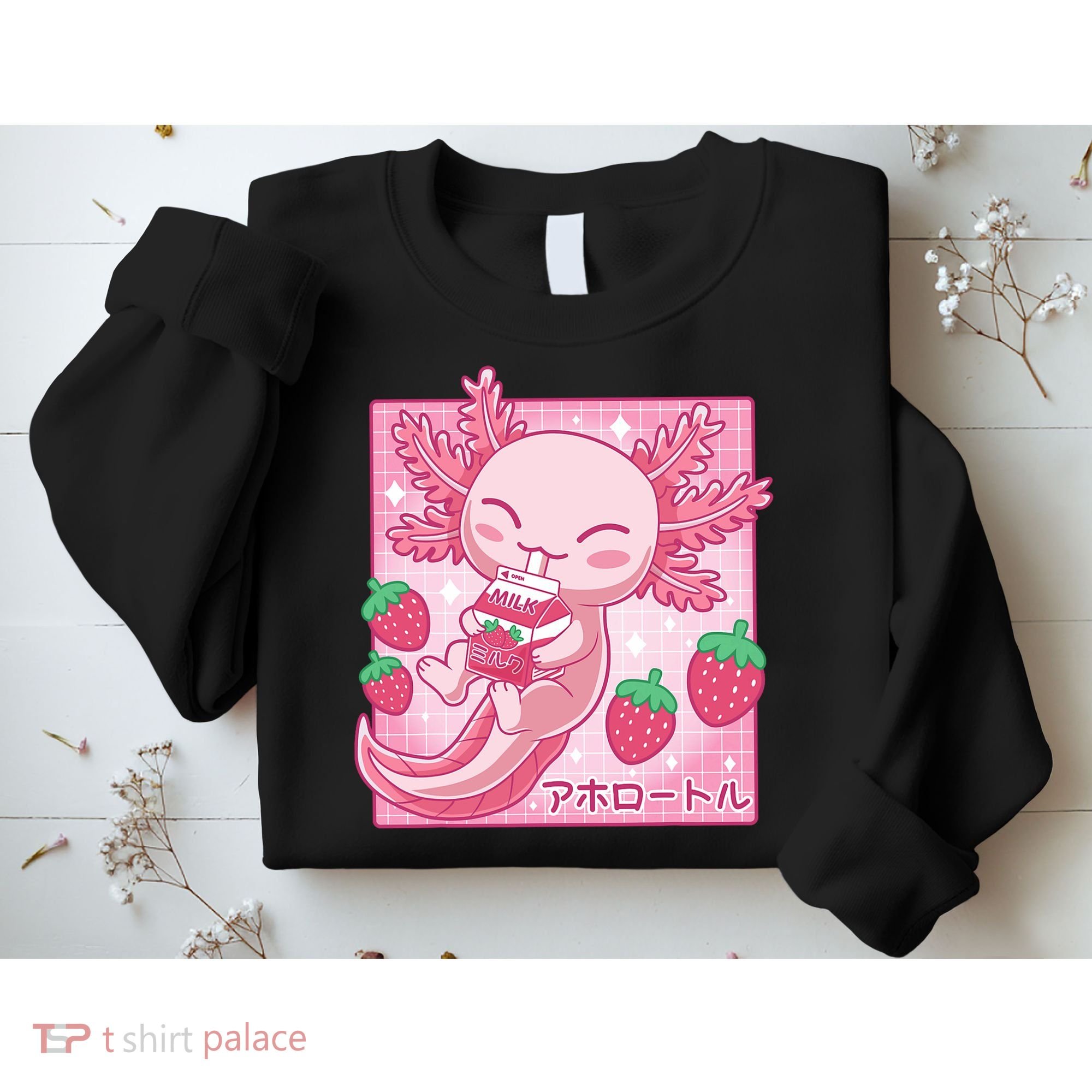 Kawaii Axolotl Strawberry Milk Shake Japanese Anime Sweatshirt