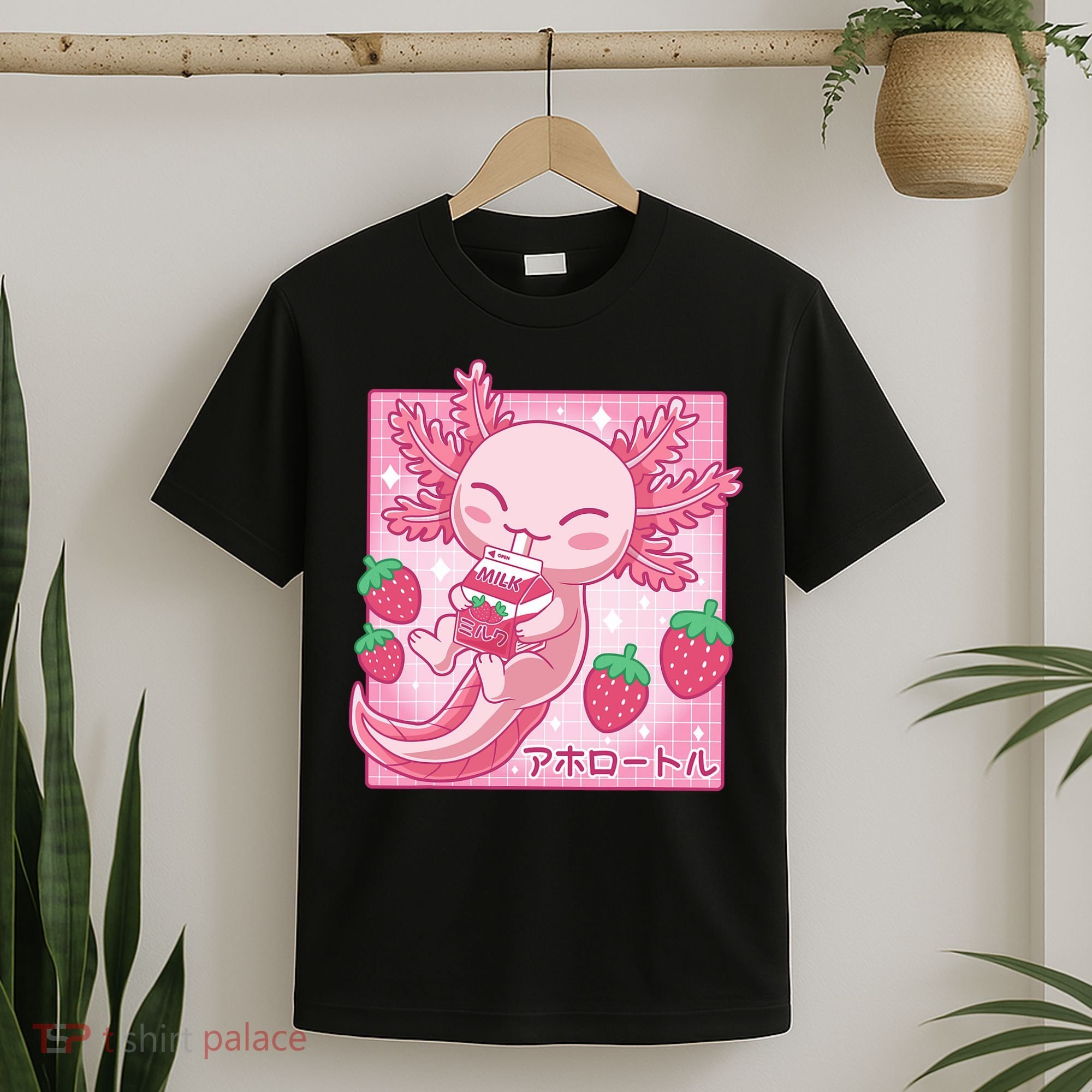 Kawaii Axolotl Strawberry Milk Shake Japanese Anime T-Shirt