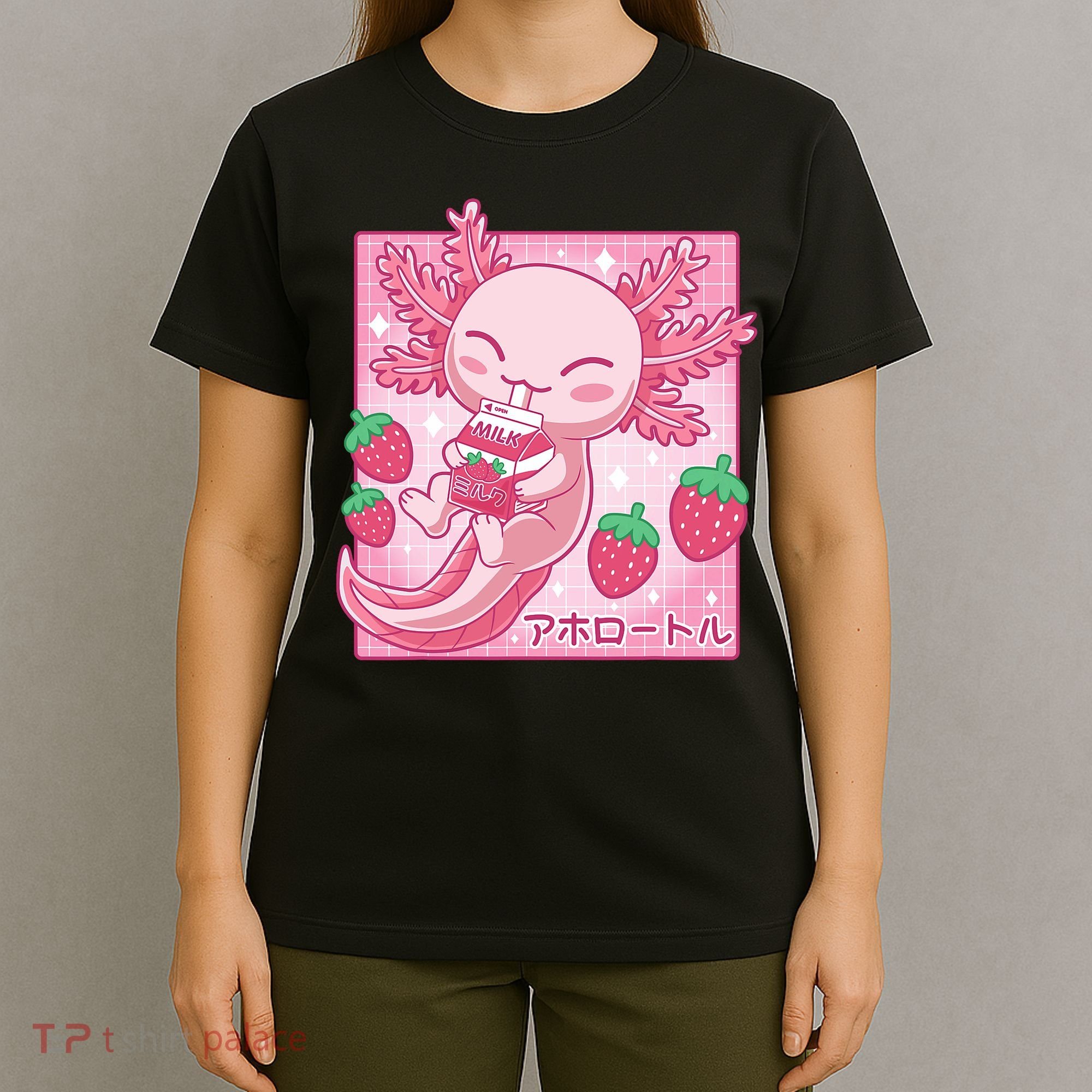 Kawaii Axolotl Strawberry Milk Shake Japanese Anime T-Shirt