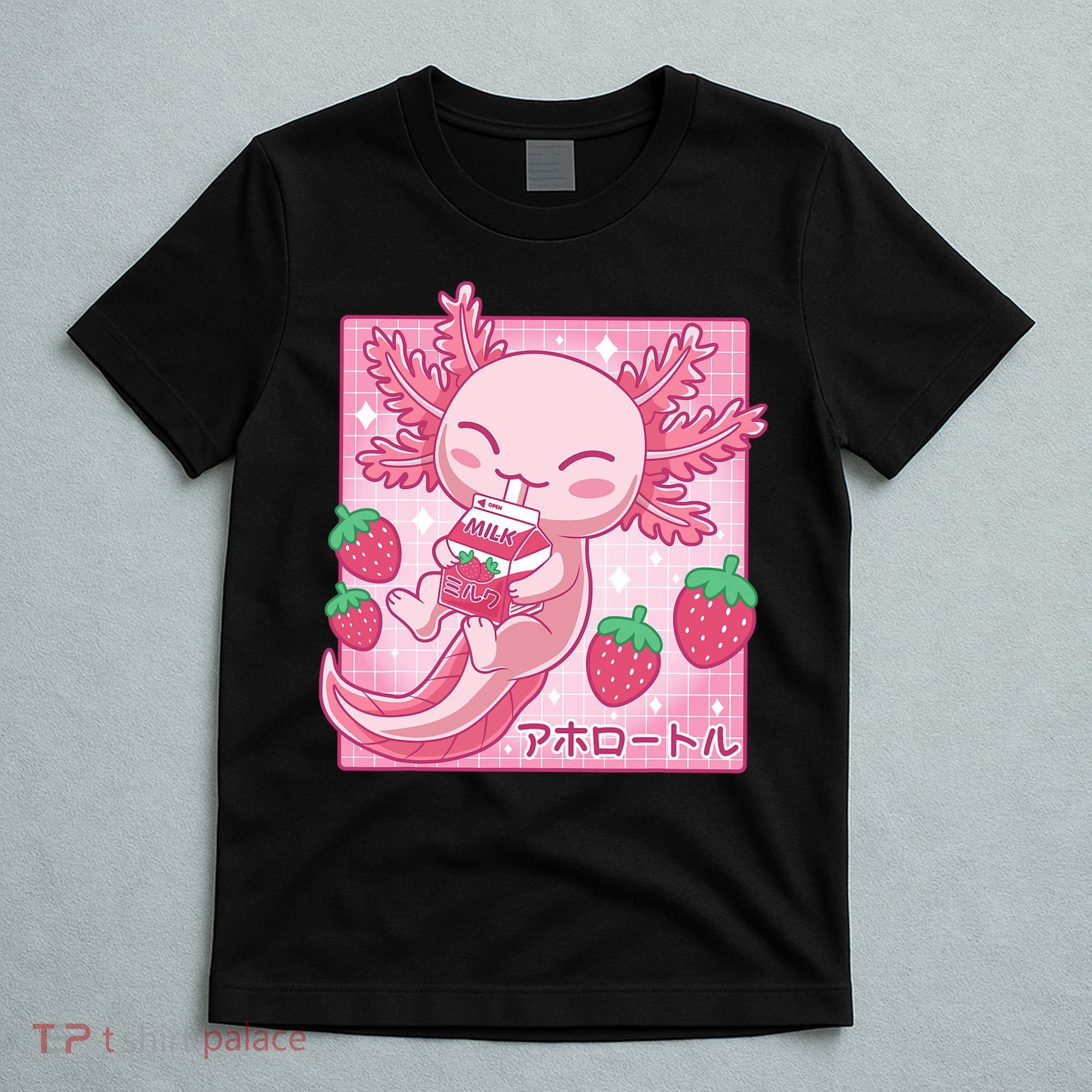 Kawaii Axolotl Strawberry Milk Shake Japanese Anime T-Shirt