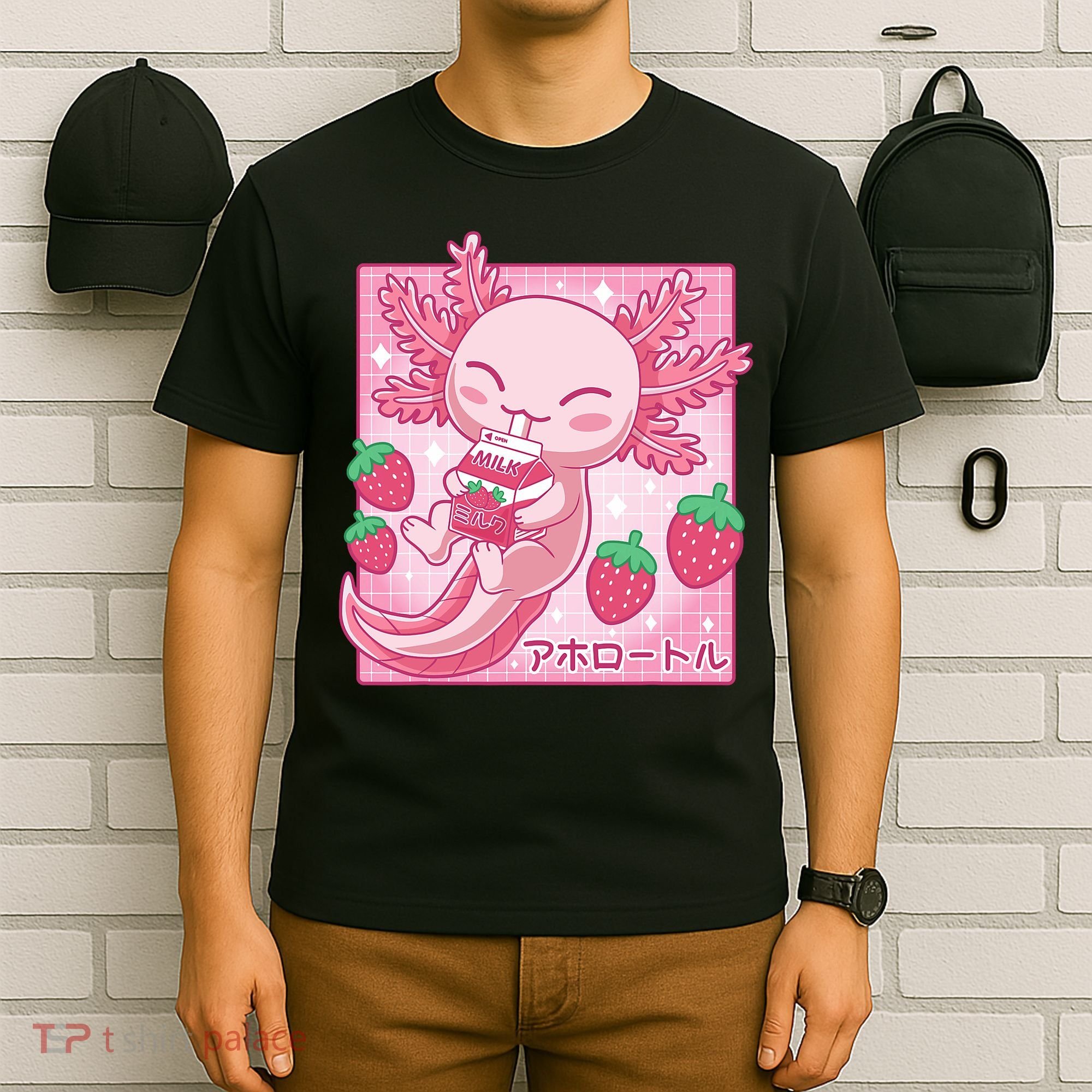 Kawaii Axolotl Strawberry Milk Shake Japanese Anime T-Shirt