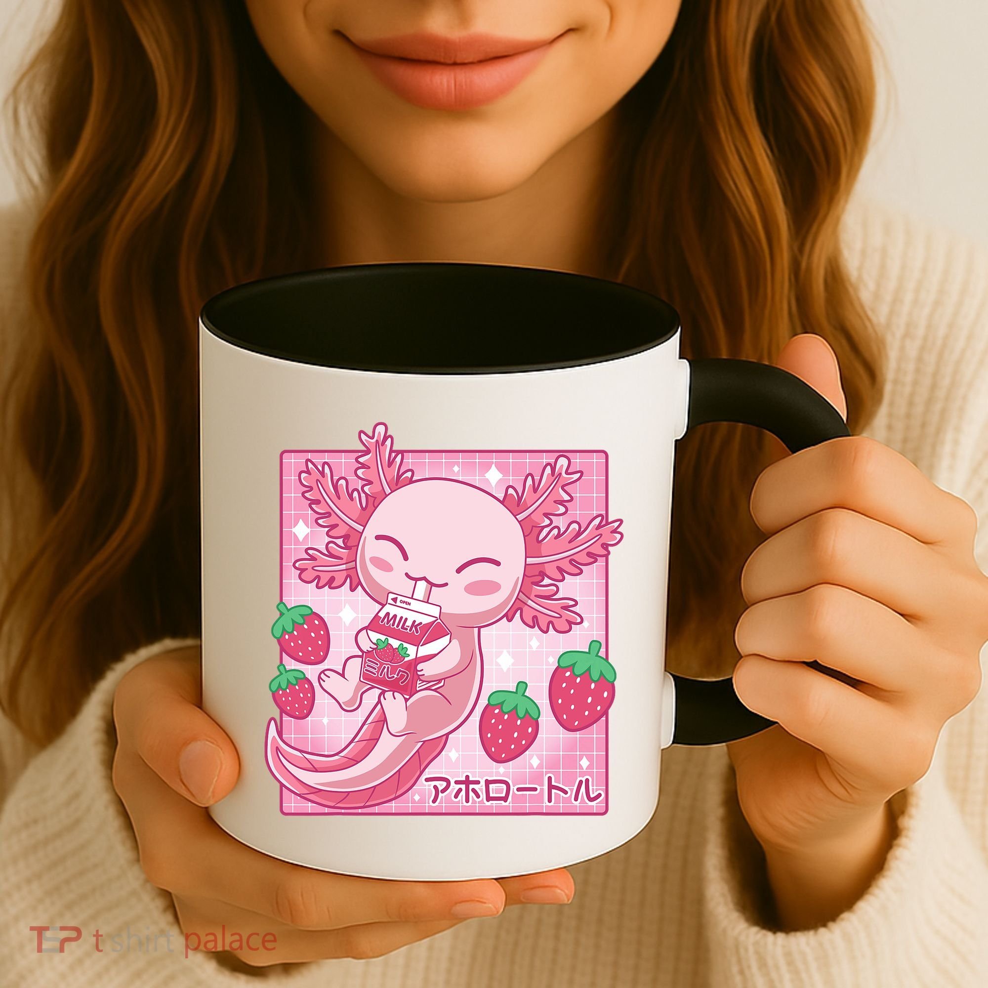 Kawaii Axolotl Strawberry Milk Shake Japanese Anime Coffee Mug